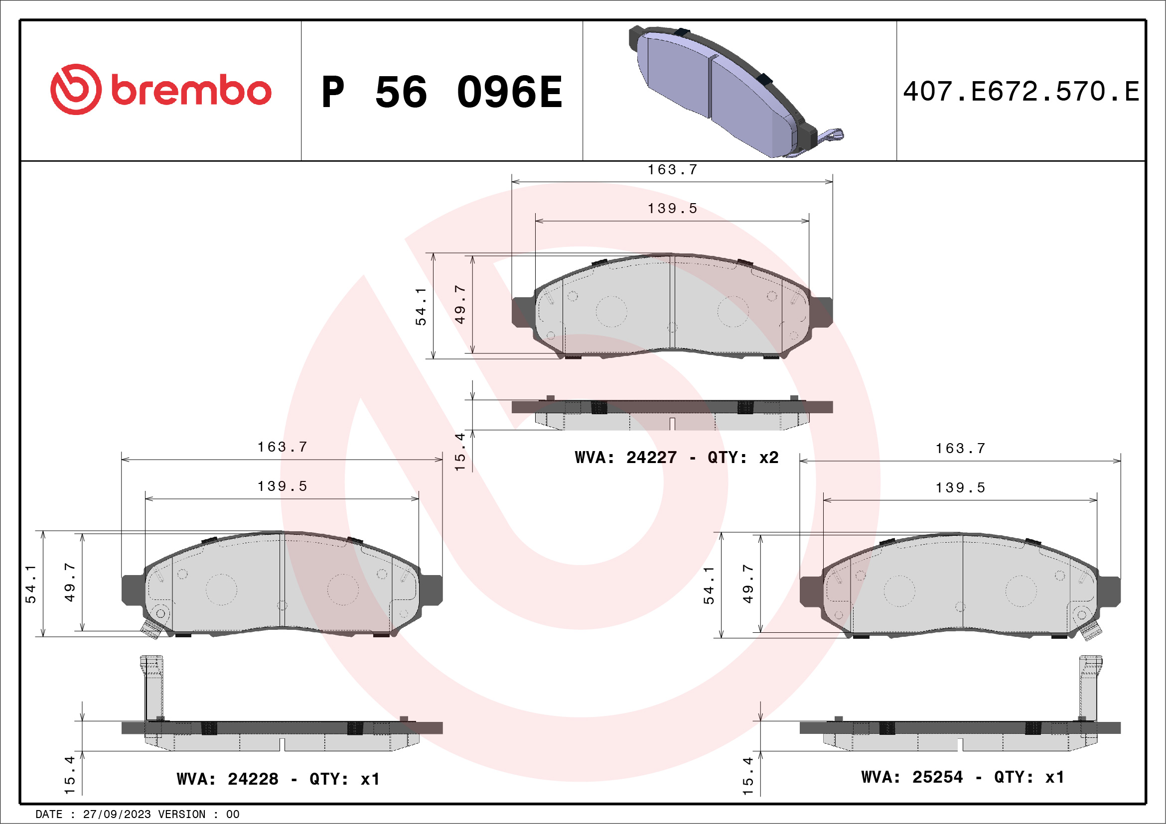 Jogo de 4 pastilhas de travão BREMBO ref. P 56 096E