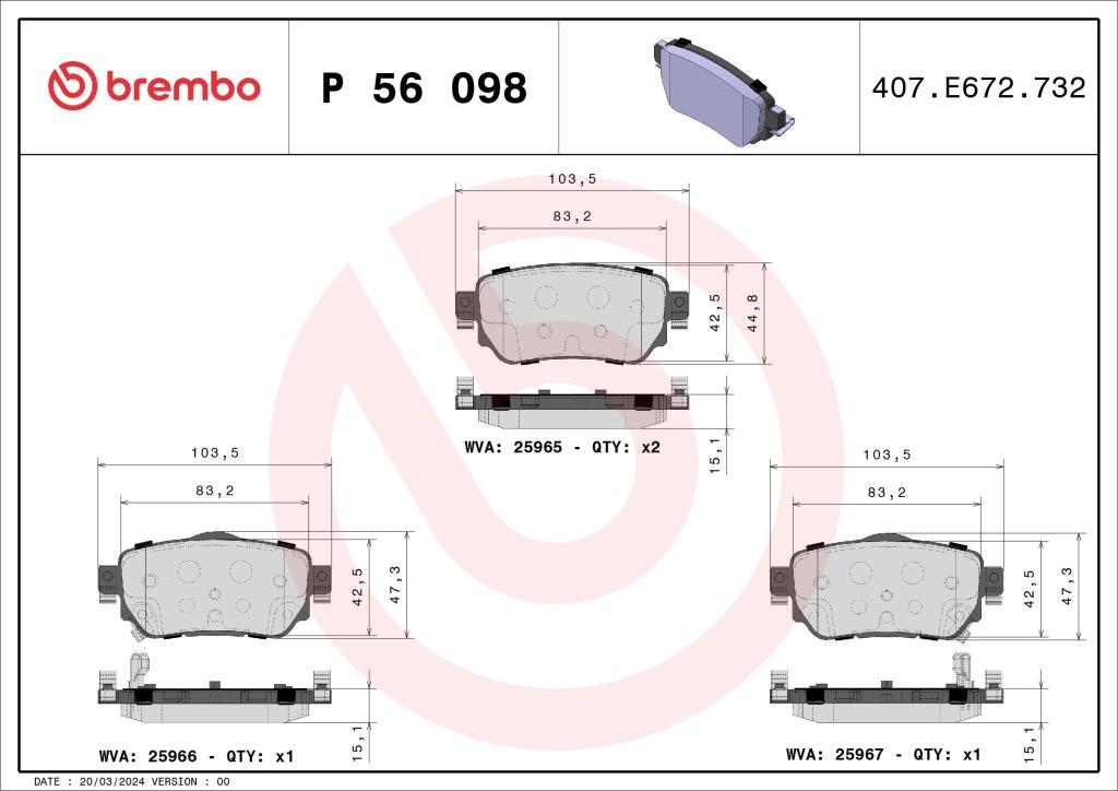 Jogo de 4 pastilhas de travão BREMBO ref. P 56 098