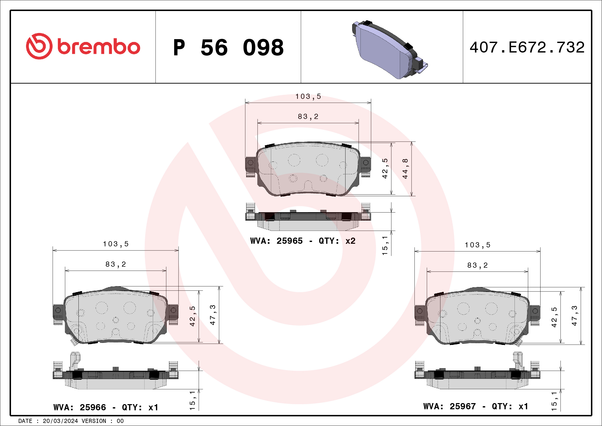 Jogo de 4 pastilhas de travão BREMBO ref. P 56 098