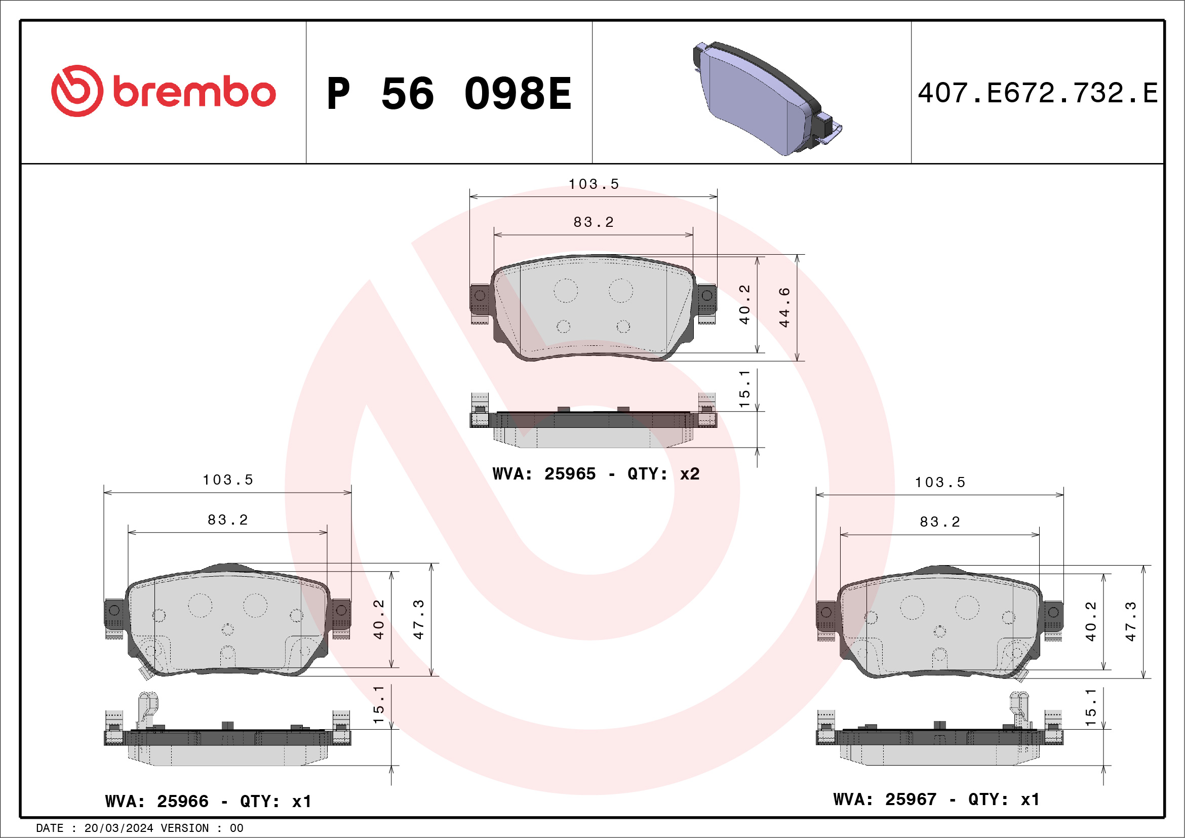 Jogo de 4 pastilhas de travão BREMBO ref. P 56 098E