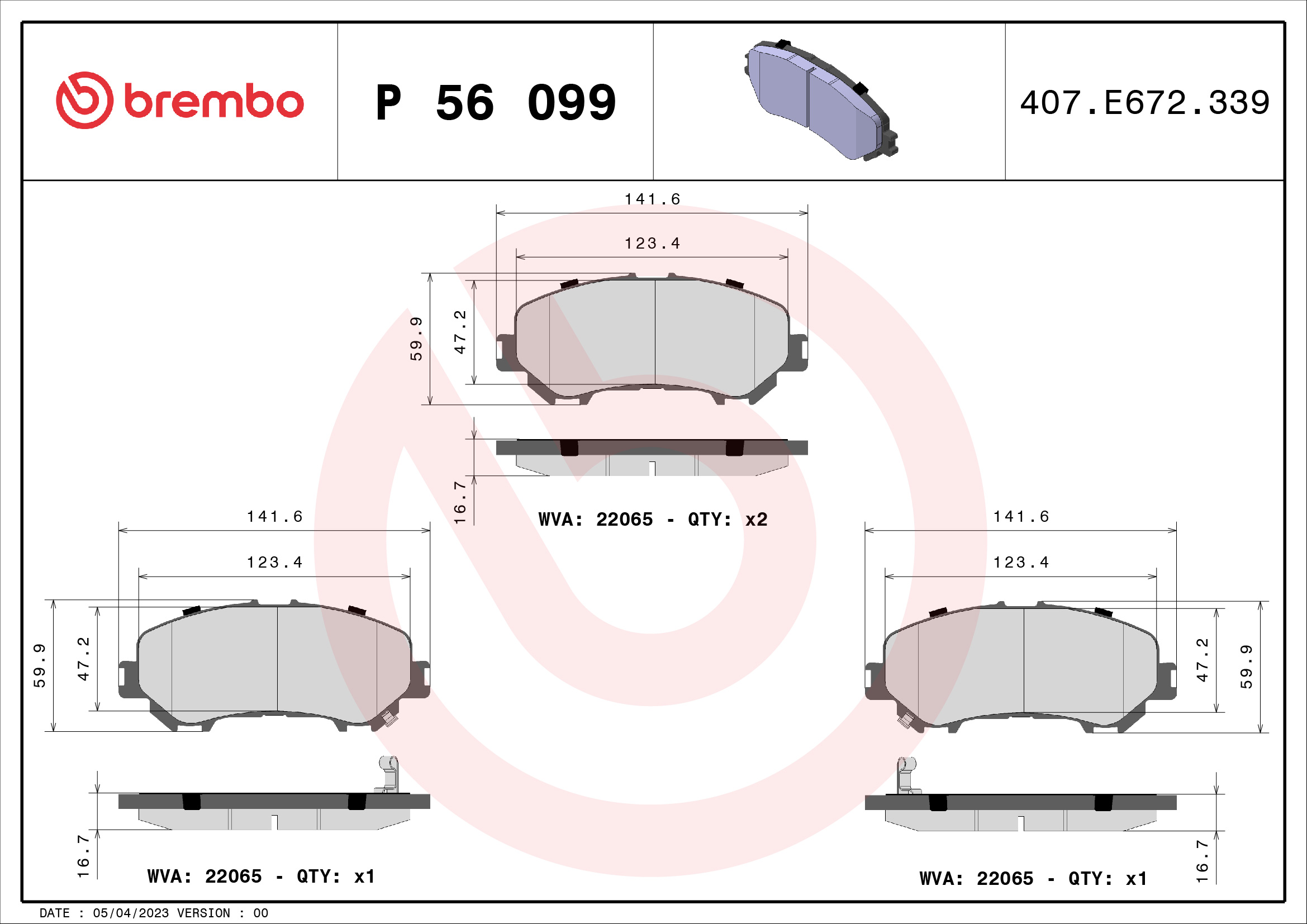 Jogo de 4 pastilhas de travão BREMBO ref. P 56 099