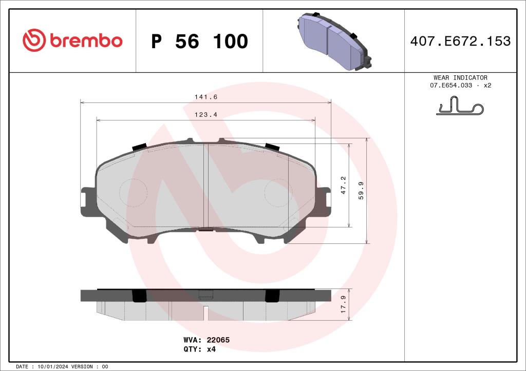 Jogo de 4 pastilhas de travão BREMBO ref. P 56 100