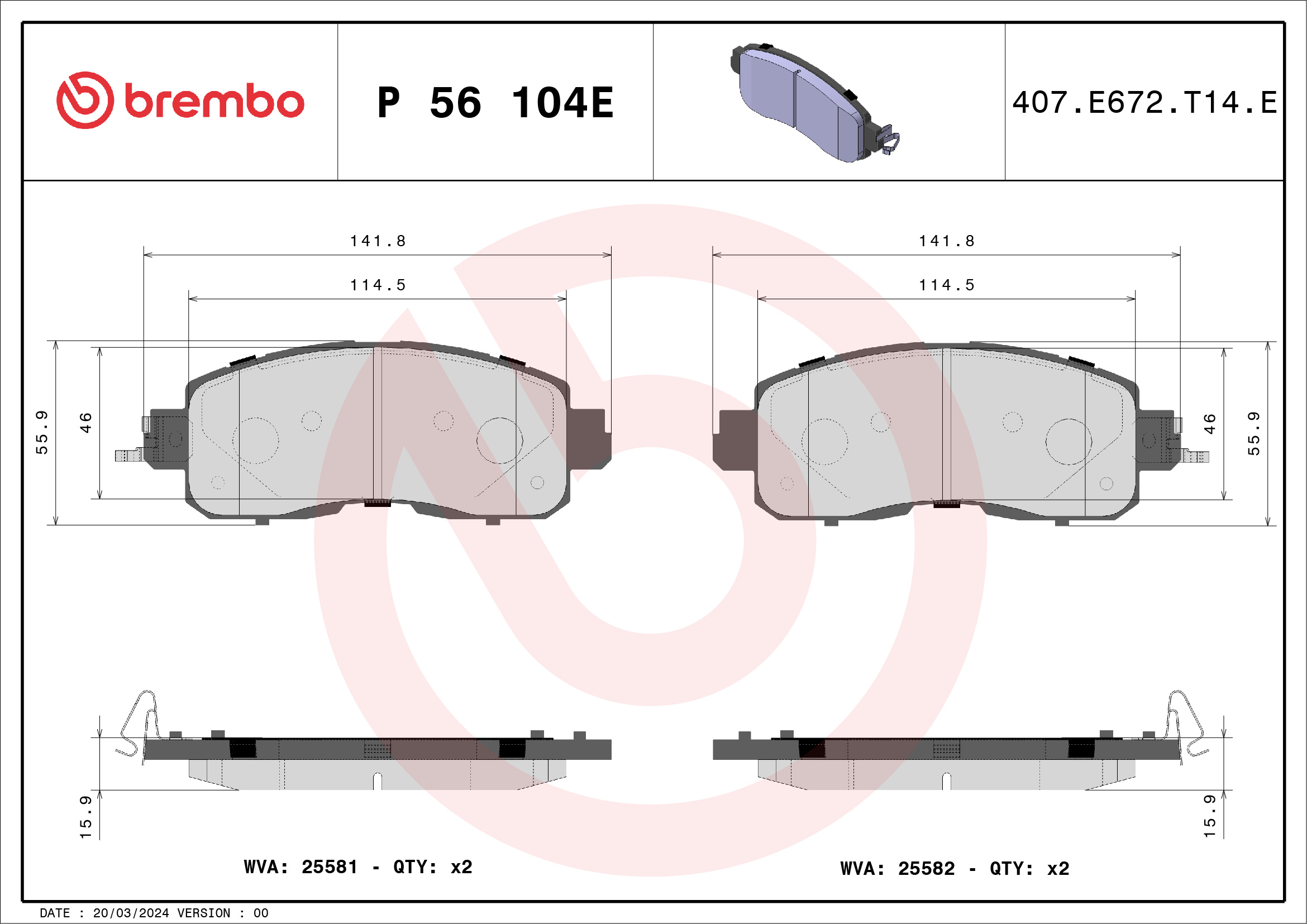 Jogo de 4 pastilhas de travão BREMBO ref. P 56 104E