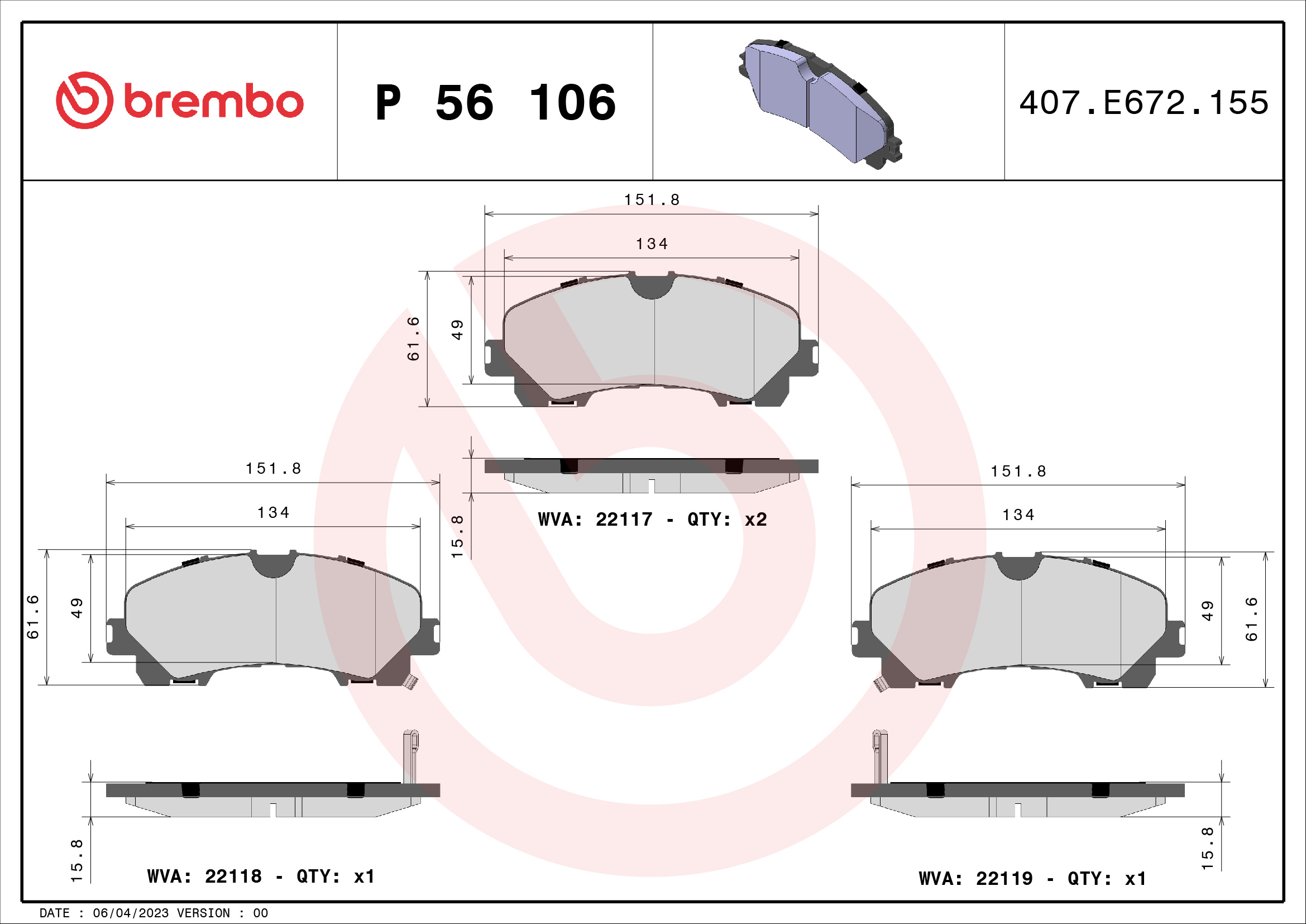 Jeu de 4 plaquettes de frein BREMBO ref. P 56 106