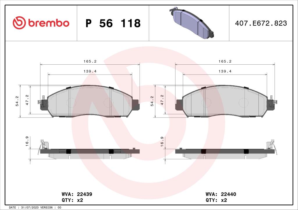 Jeu de 4 plaquettes de frein BREMBO ref. P 56 118
