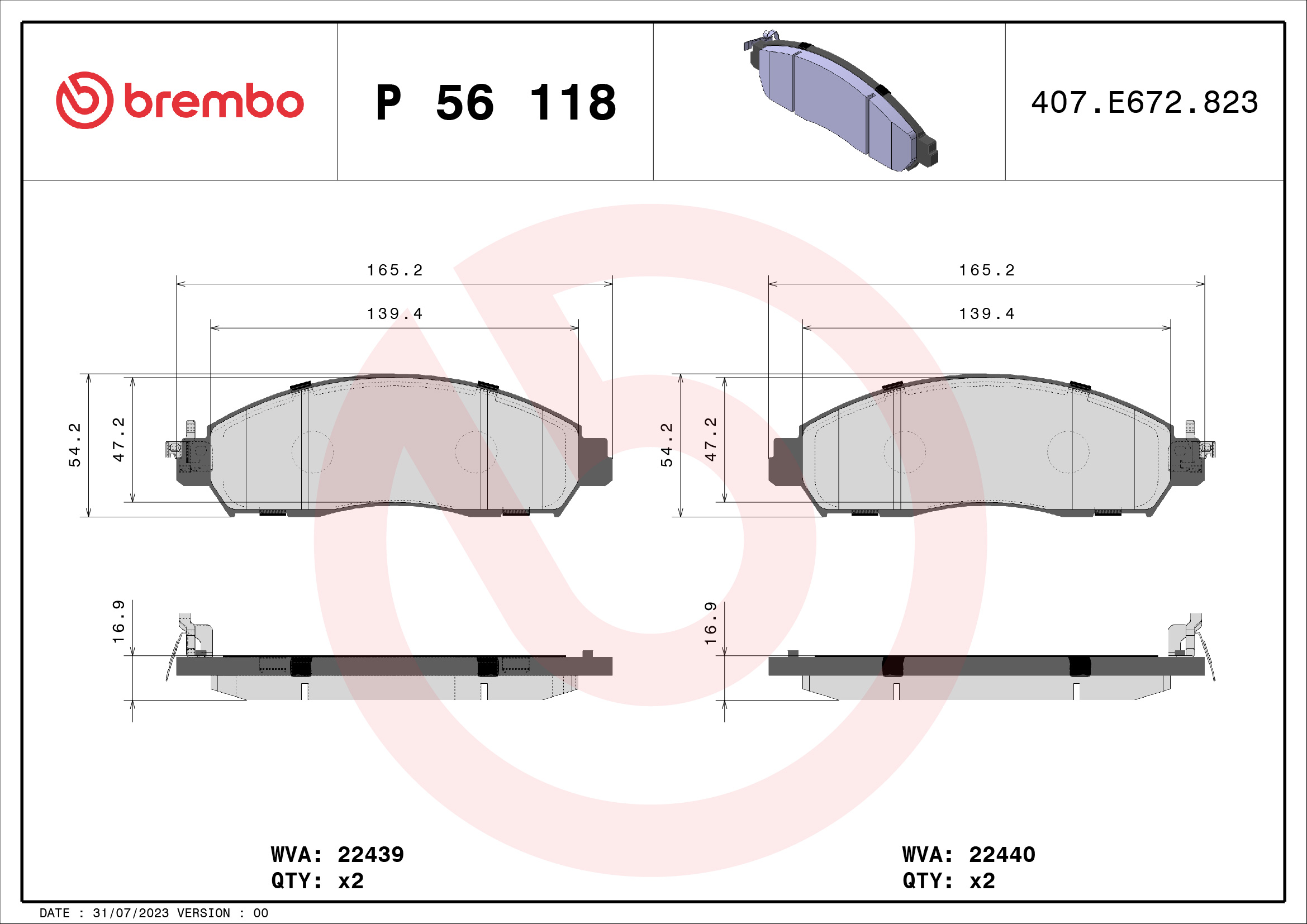 Jeu de 4 plaquettes de frein BREMBO ref. P 56 118