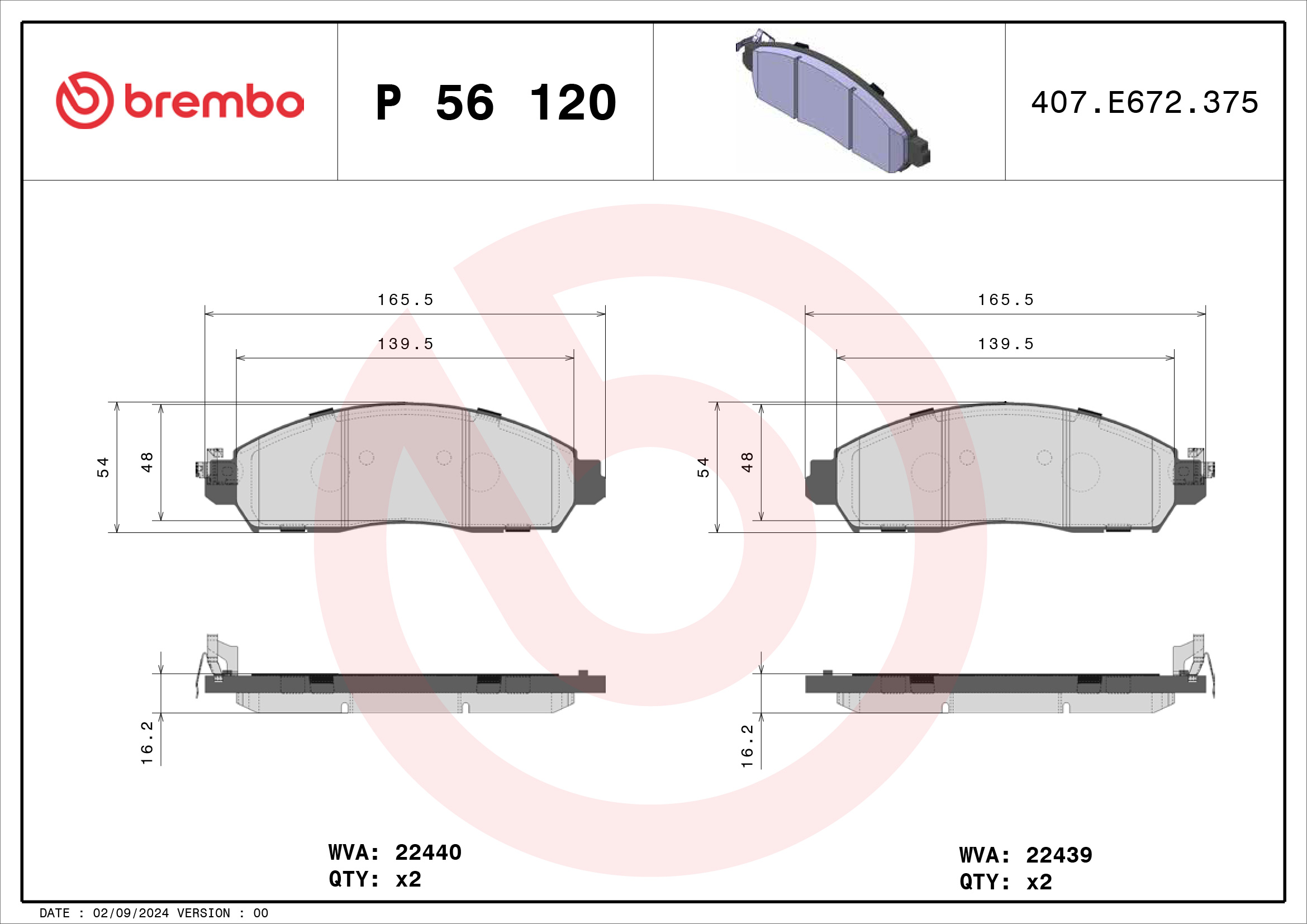 Jogo de 4 pastilhas de travão BREMBO ref. P 56 120