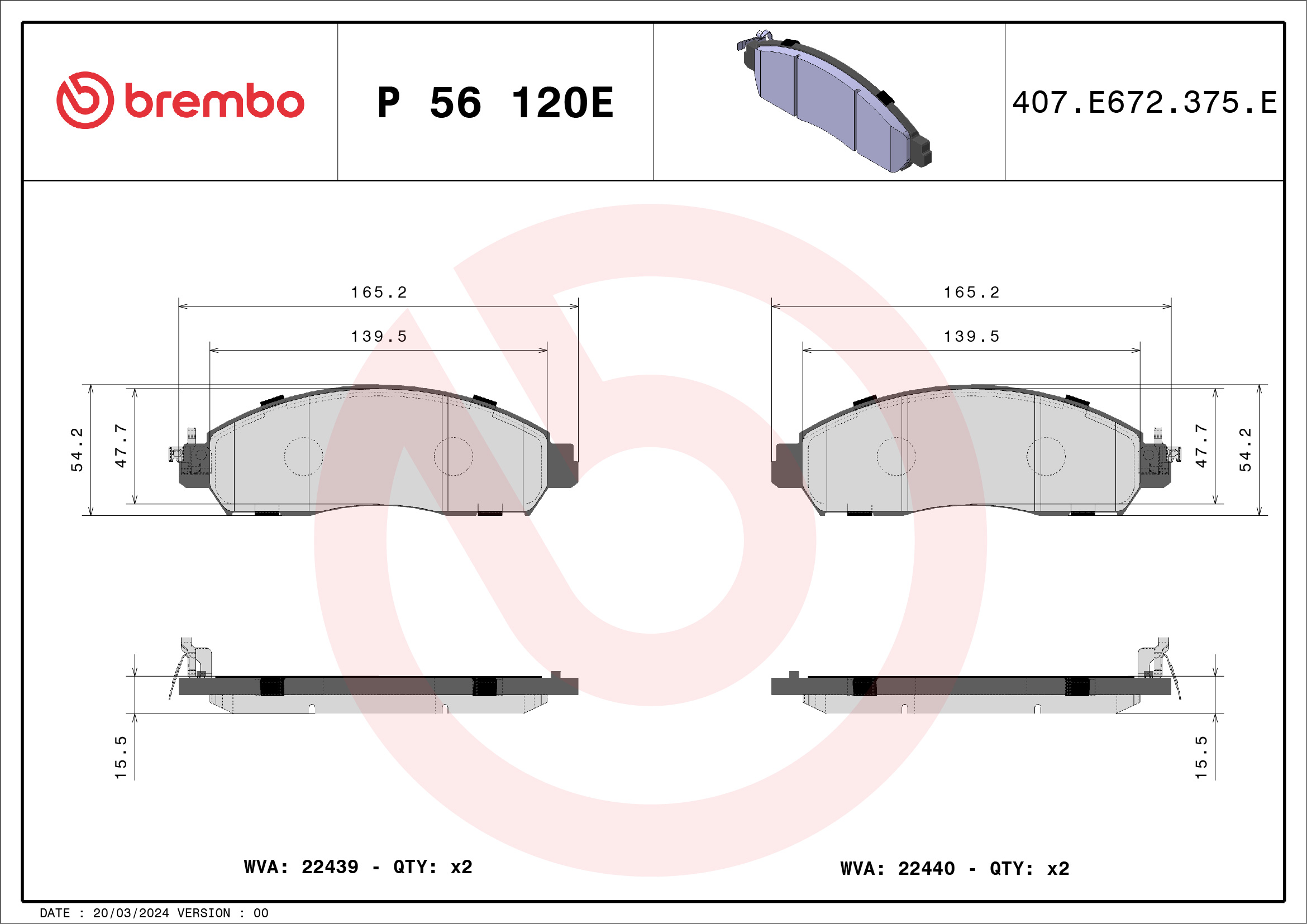 Jogo de 4 pastilhas de travão BREMBO ref. P 56 120E