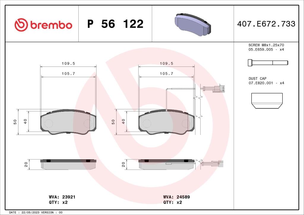 Jogo de 4 pastilhas de travão BREMBO ref. P 56 122
