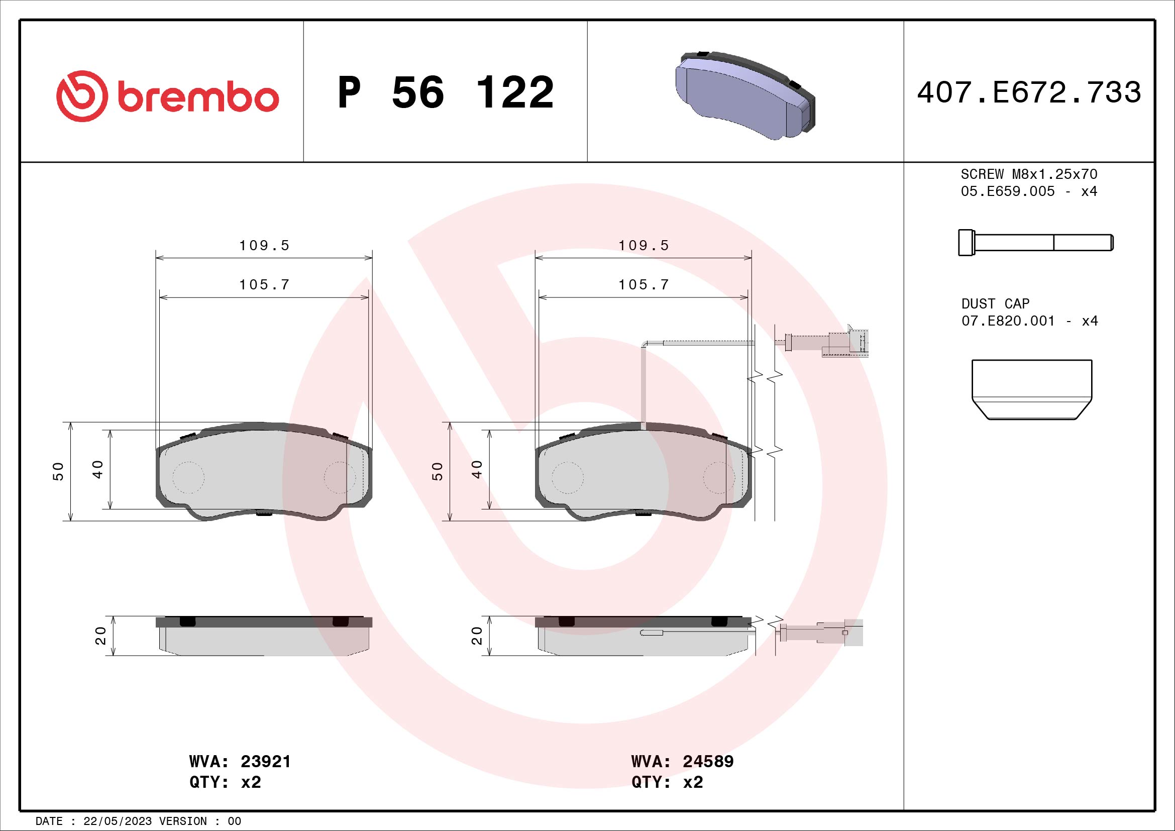 Jogo de 4 pastilhas de travão BREMBO ref. P 56 122