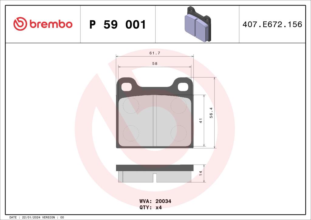 Jogo de 4 pastilhas de travão BREMBO ref. P 59 001