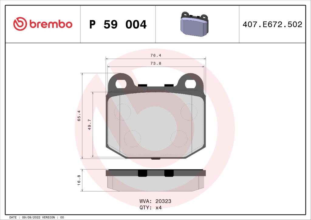Jogo de 4 pastilhas de travão BREMBO ref. P 59 004
