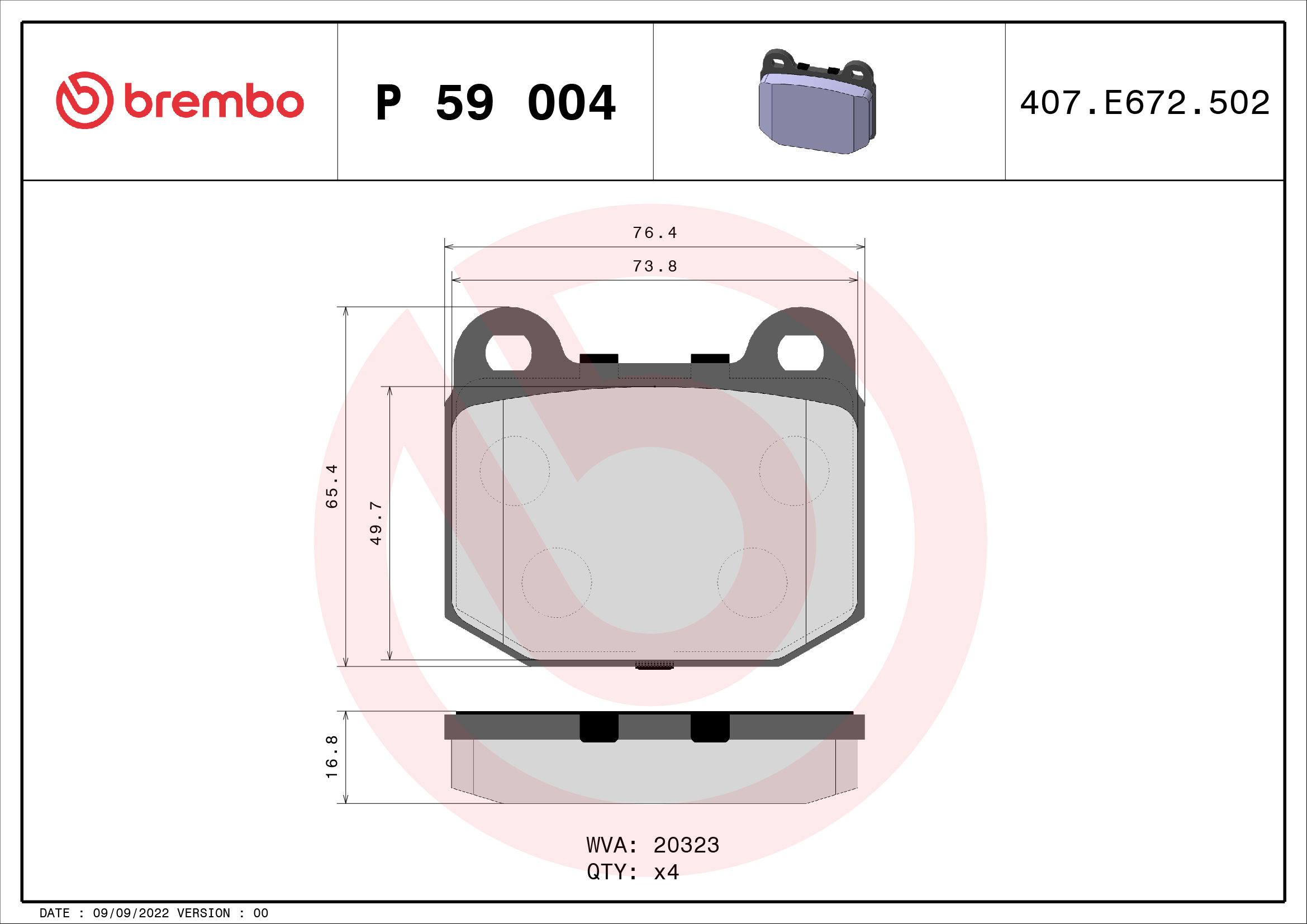Jogo de 4 pastilhas de travão BREMBO ref. P 59 004