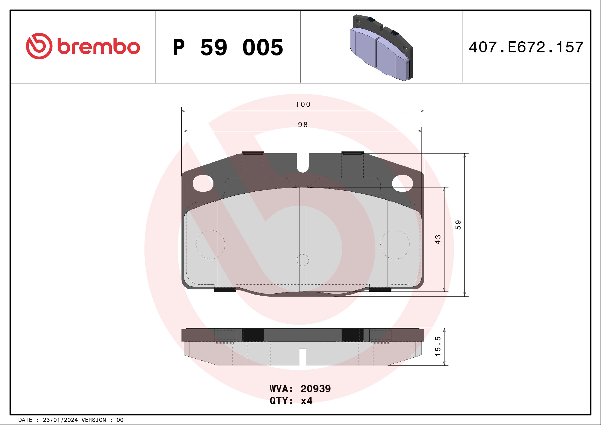 Jeu de 4 plaquettes de frein BREMBO ref. P 59 005