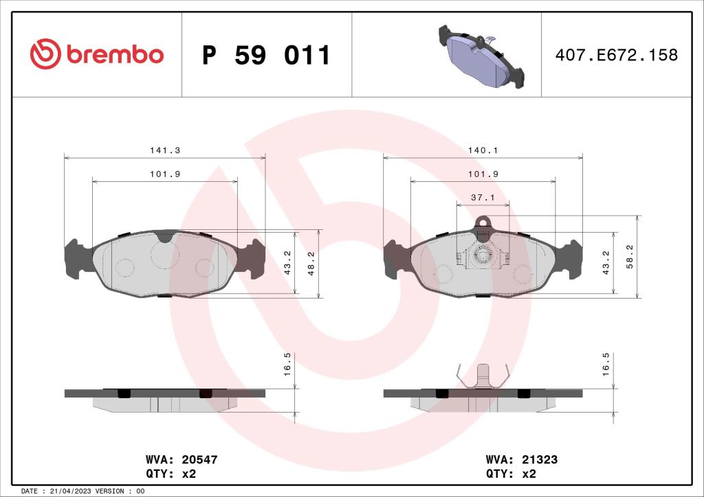 Jogo de 4 pastilhas de travão BREMBO ref. P 59 011