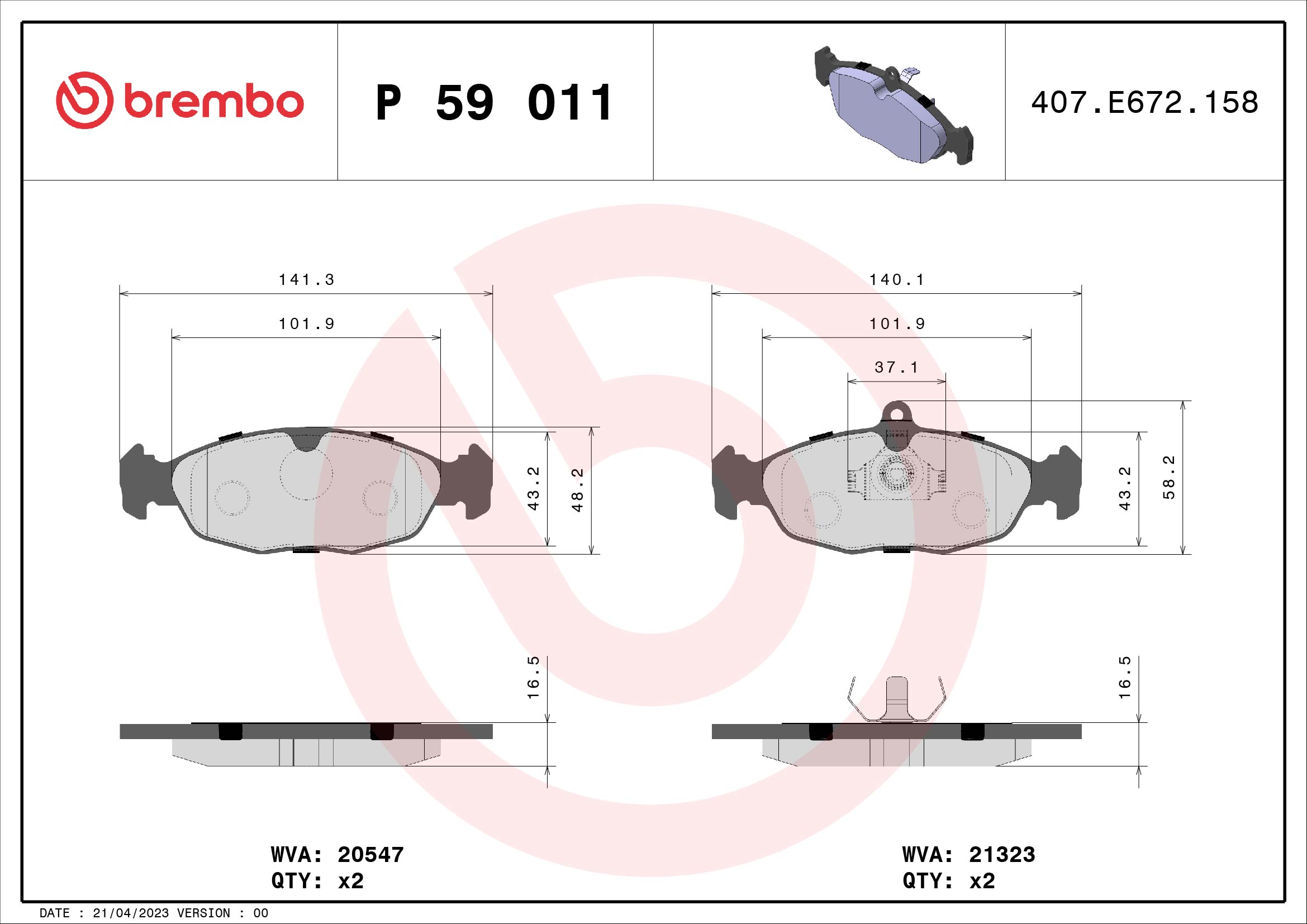 Jogo de 4 pastilhas de travão BREMBO ref. P 59 011