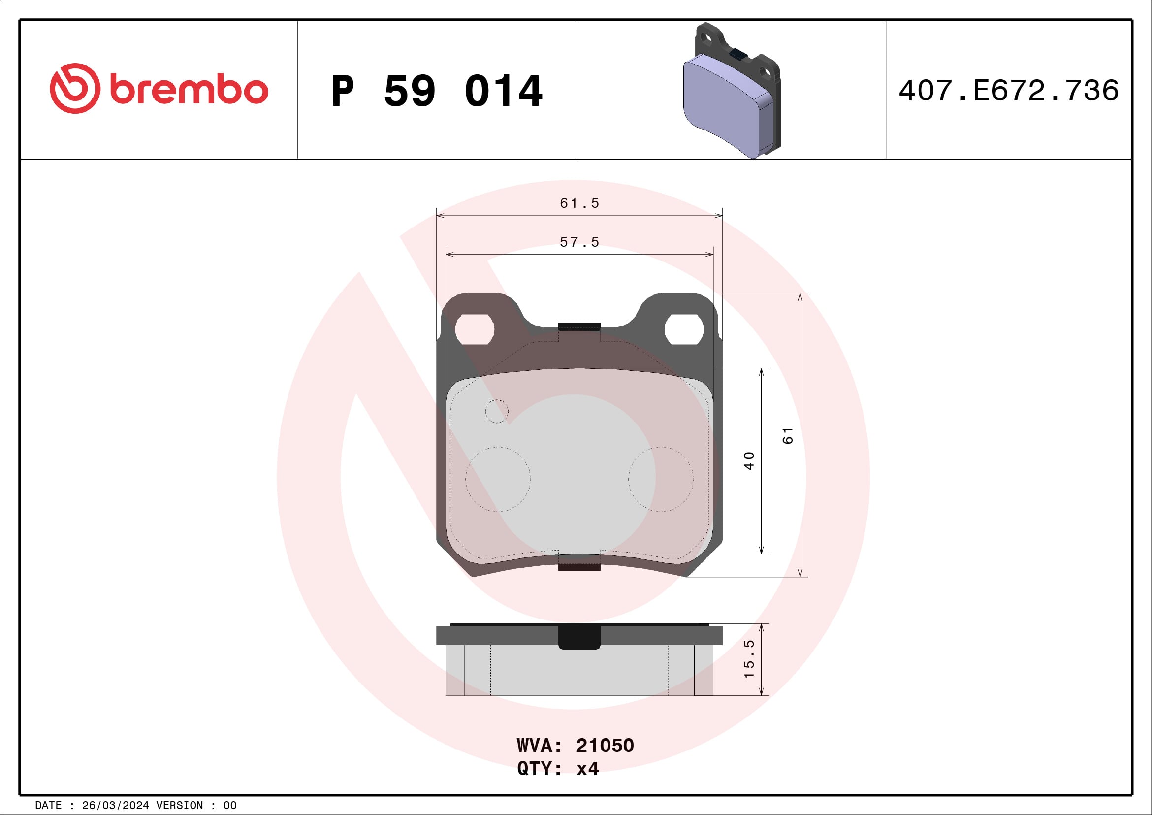 Jeu de 4 plaquettes de frein BREMBO ref. P 59 014