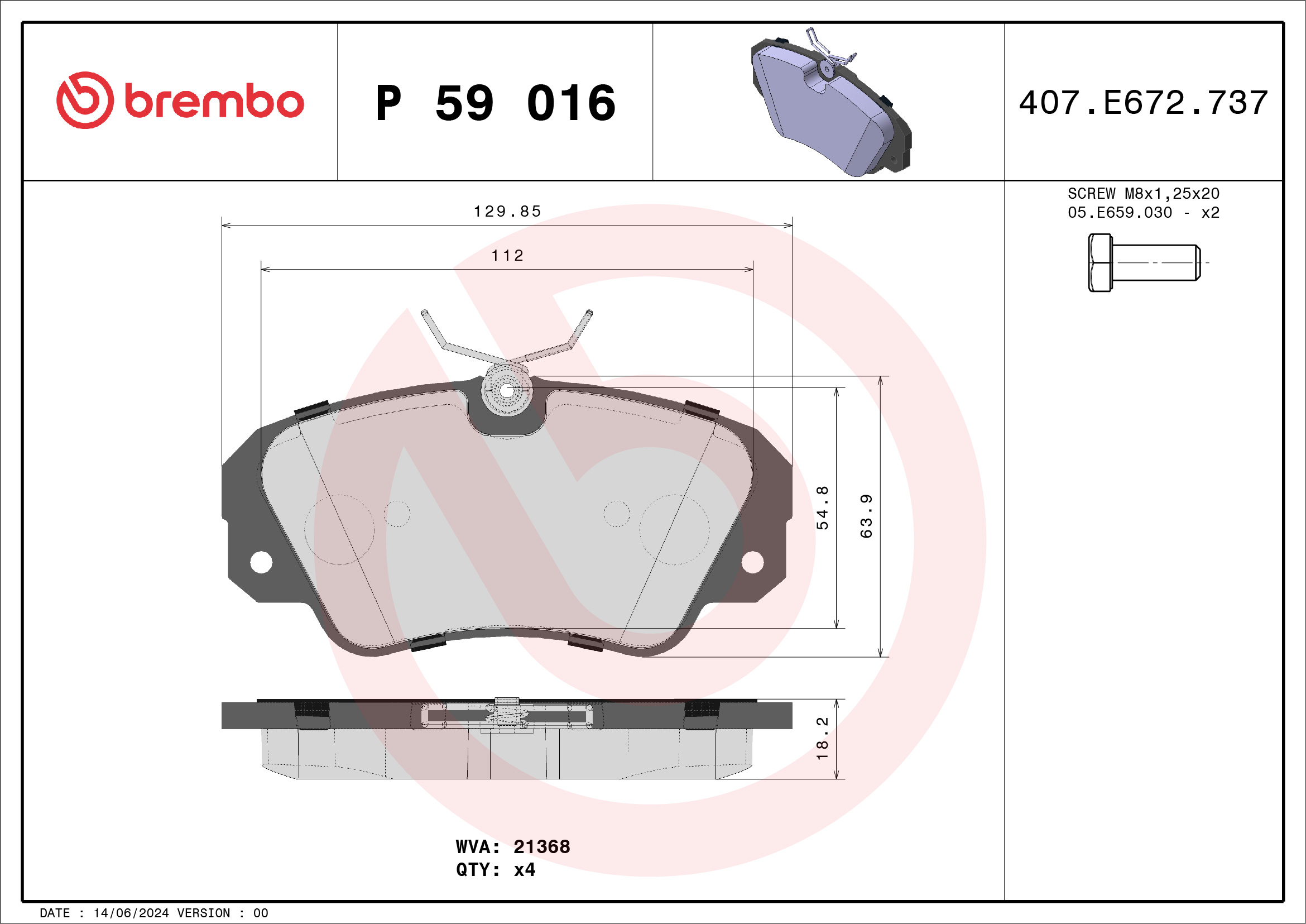 Jogo de 4 pastilhas de travão BREMBO ref. P 59 016