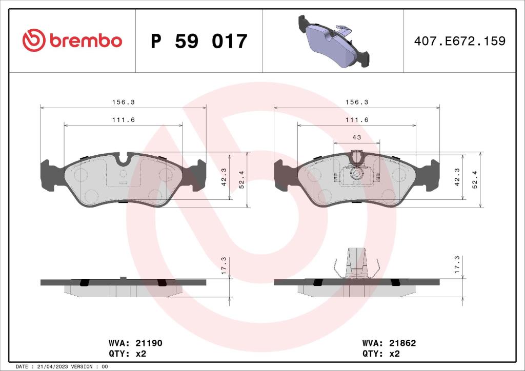 Jogo de 4 pastilhas de travão BREMBO ref. P 59 017