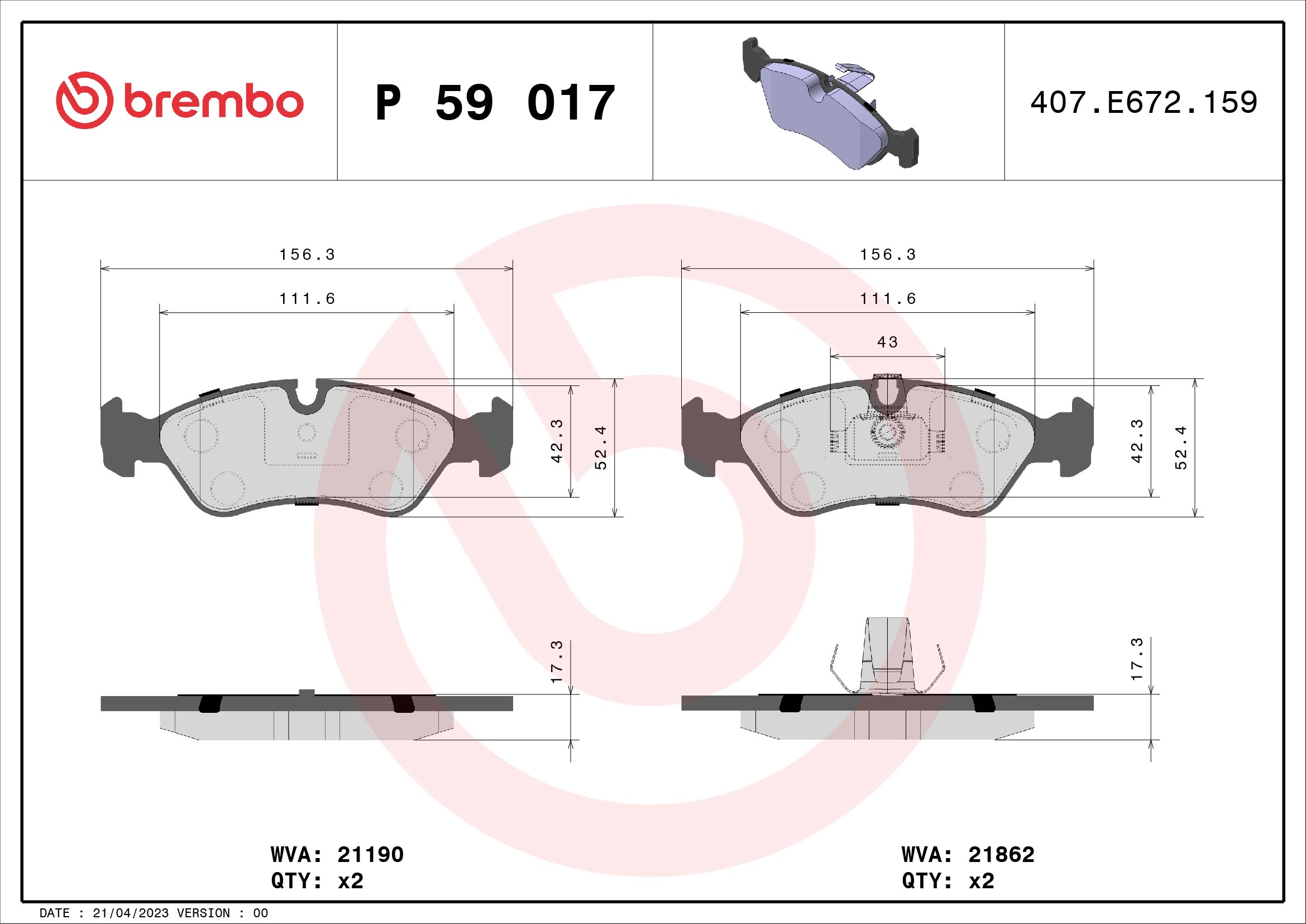 Jogo de 4 pastilhas de travão BREMBO ref. P 59 017