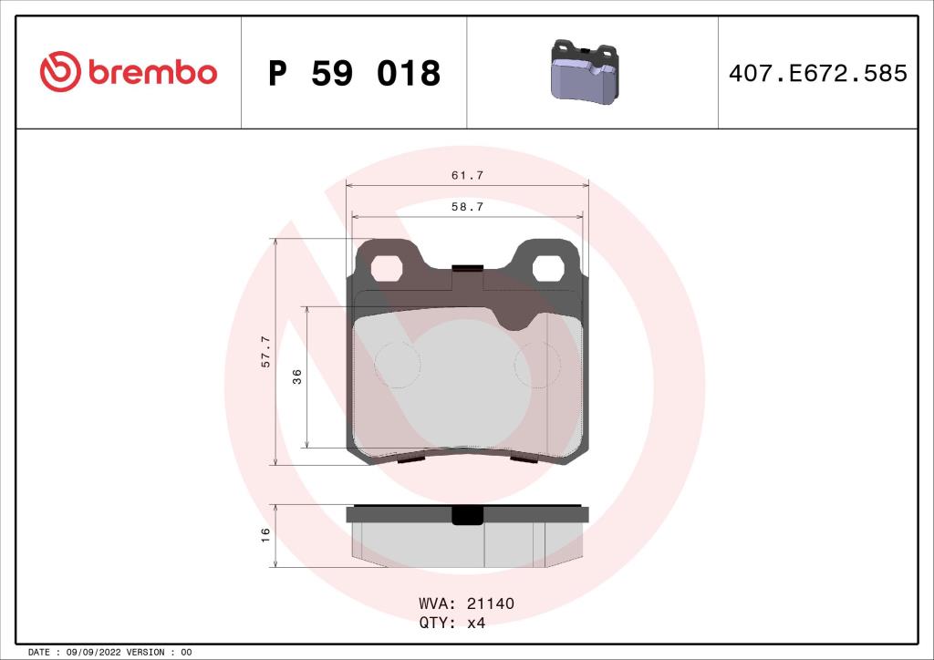 Jogo de 4 pastilhas de travão BREMBO ref. P 59 018
