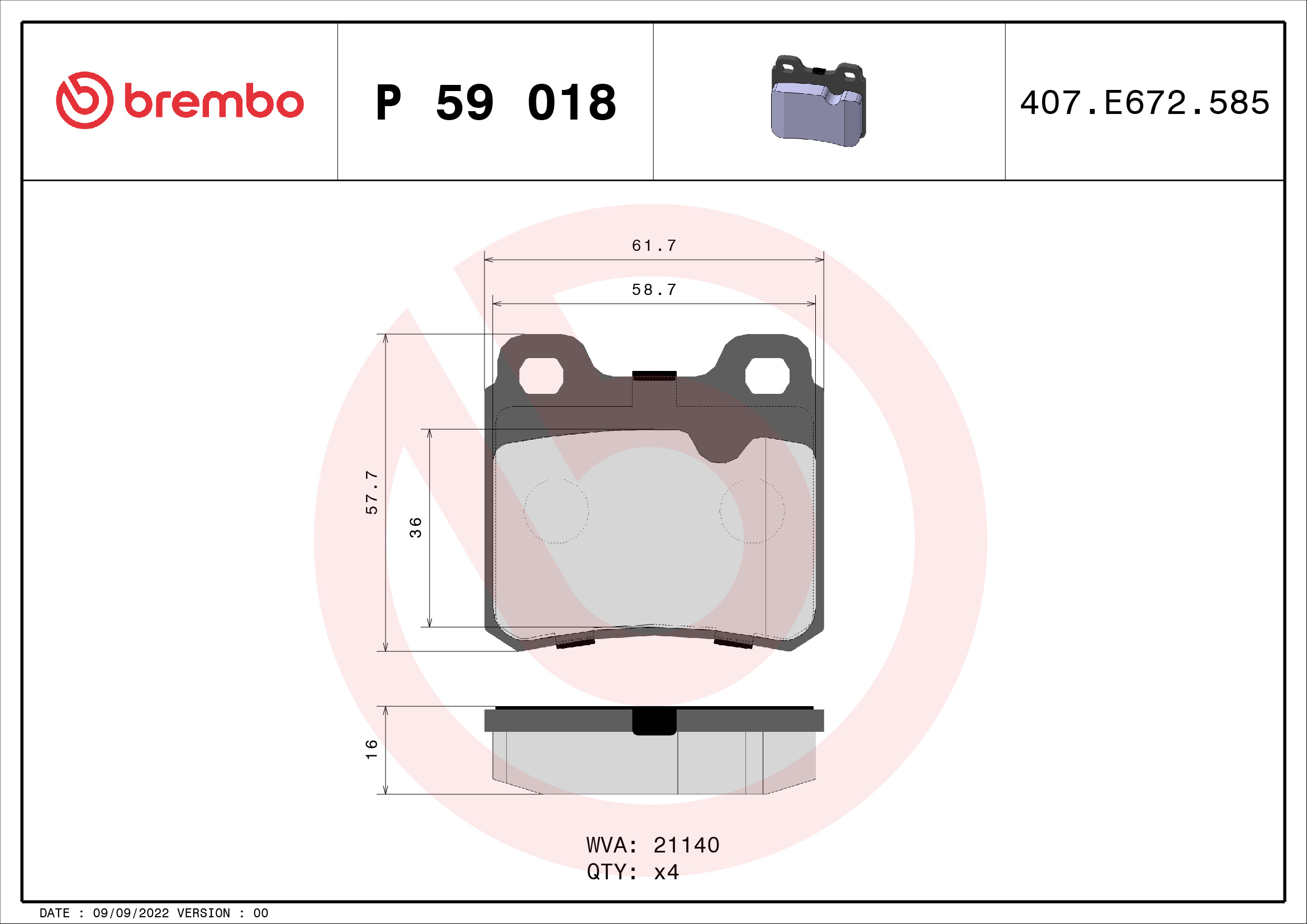Jogo de 4 pastilhas de travão BREMBO ref. P 59 018