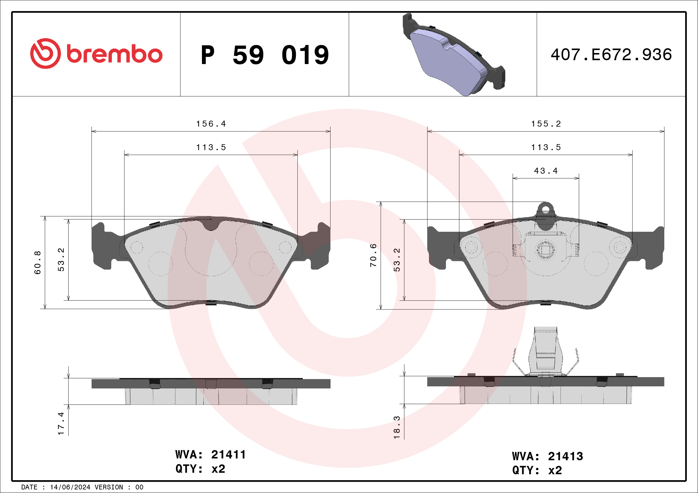 Jogo de 4 pastilhas de travão BREMBO ref. P 59 019