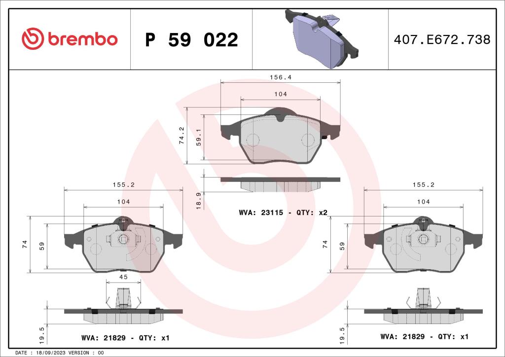 Jogo de 4 pastilhas de travão BREMBO ref. P 59 022