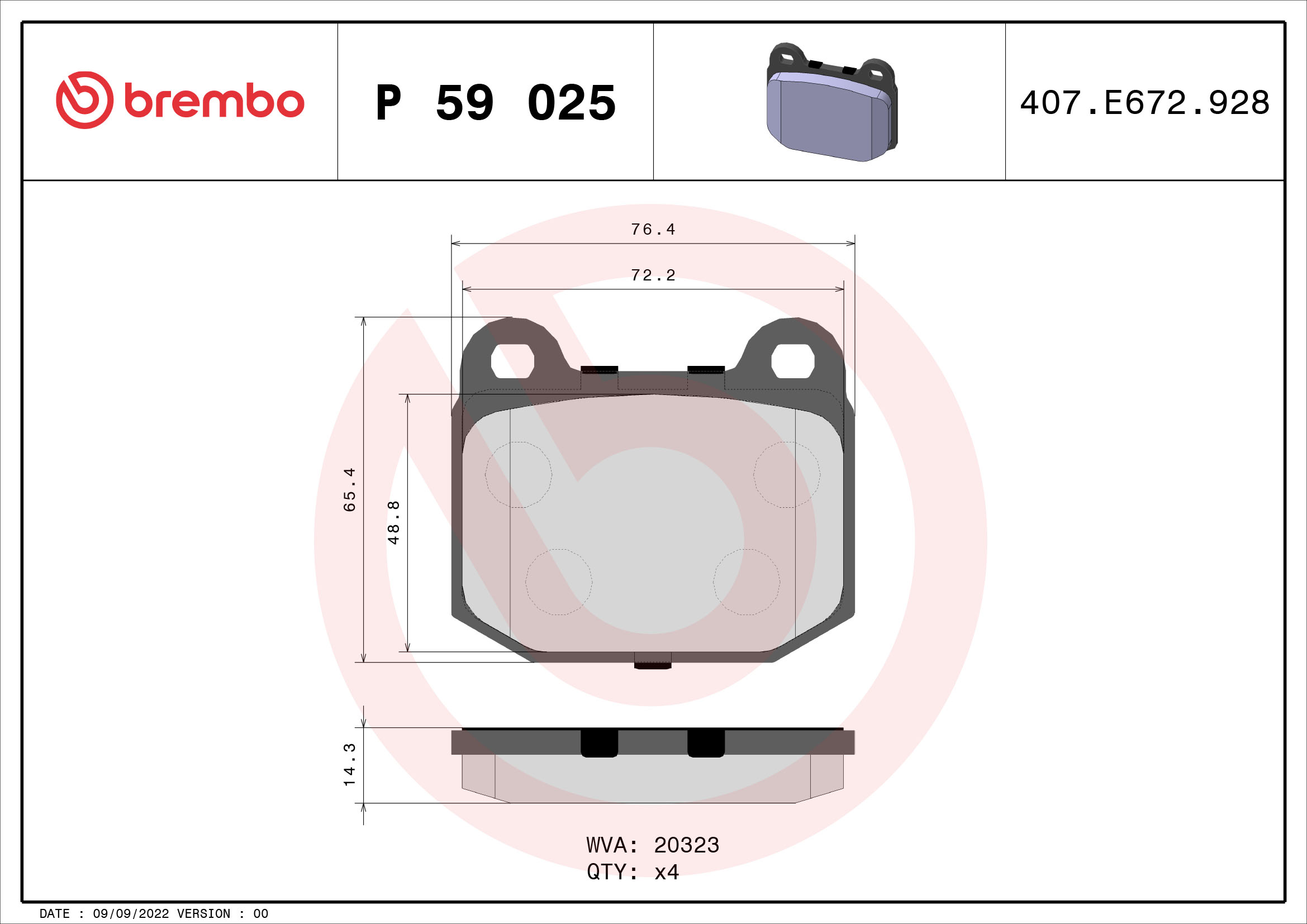 Jogo de 4 pastilhas de travão BREMBO ref. P 59 025