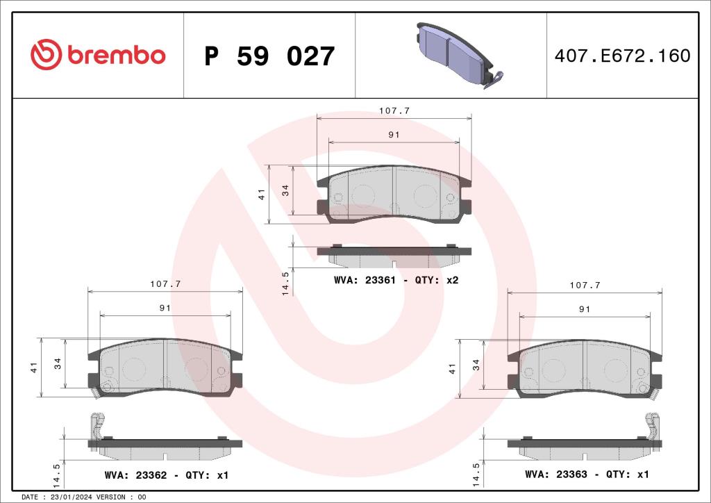 Jogo de 4 pastilhas de travão BREMBO ref. P 59 027
