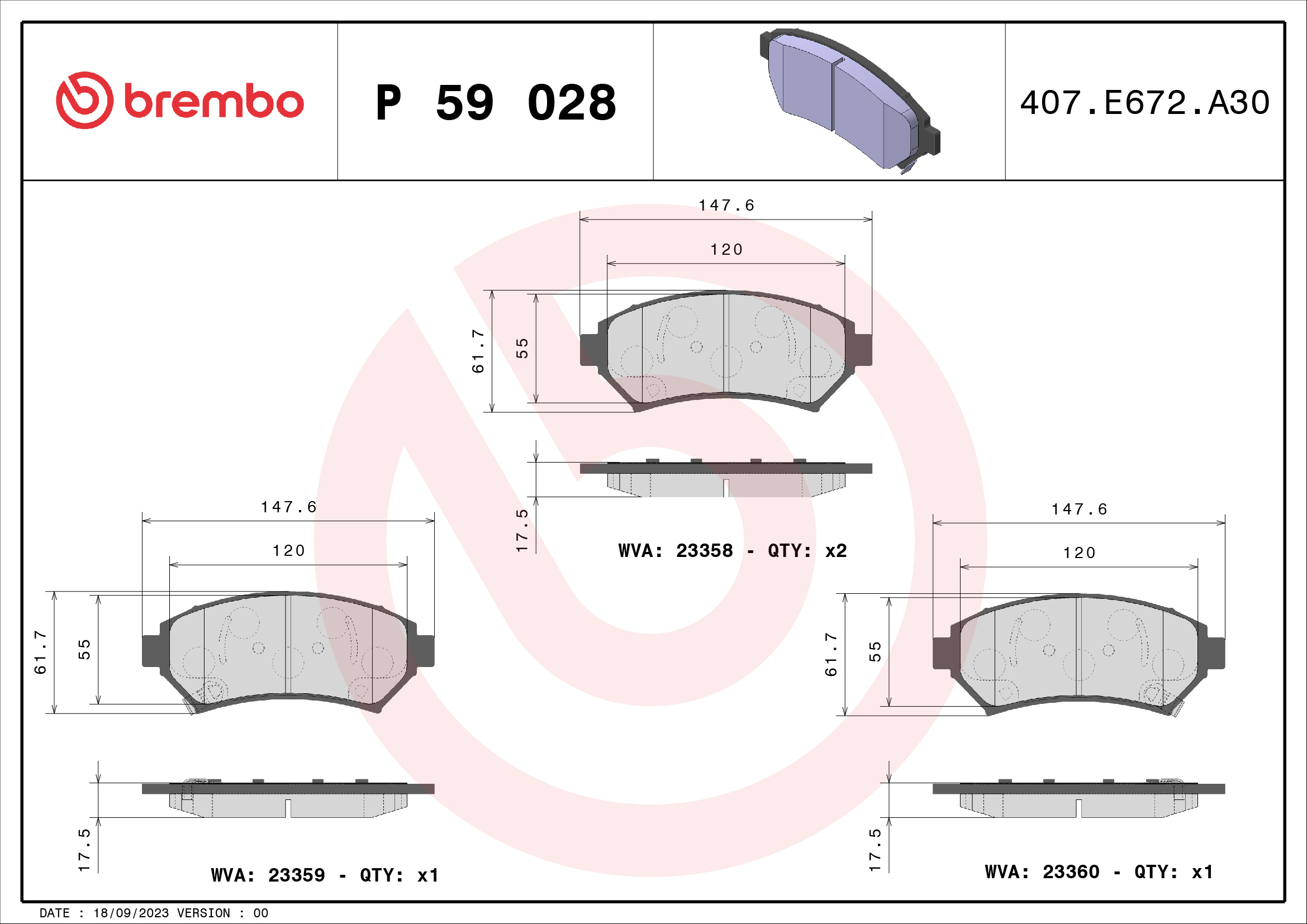 Jogo de 4 pastilhas de travão BREMBO ref. P 59 028