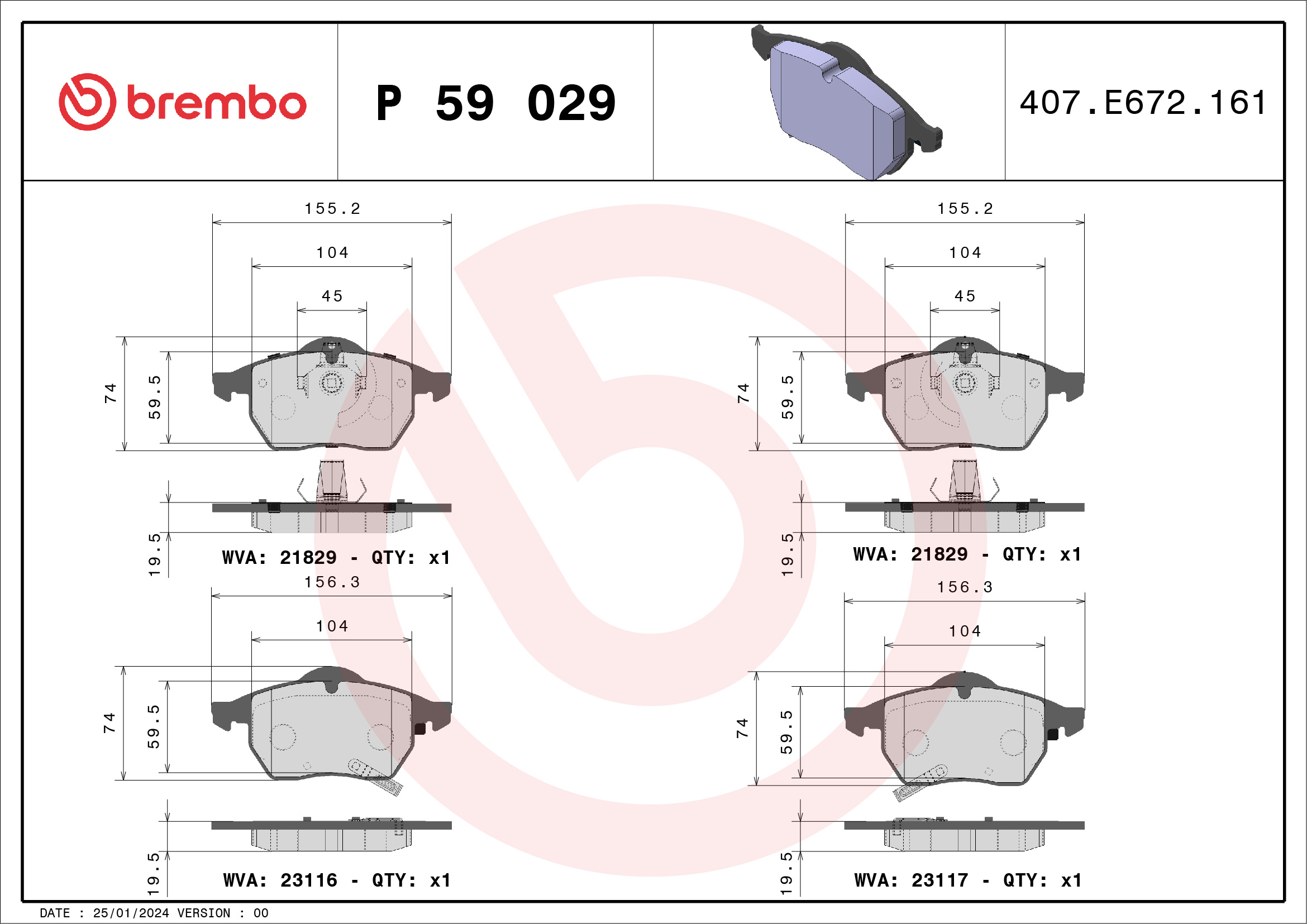 Jogo de 4 pastilhas de travão BREMBO ref. P 59 029