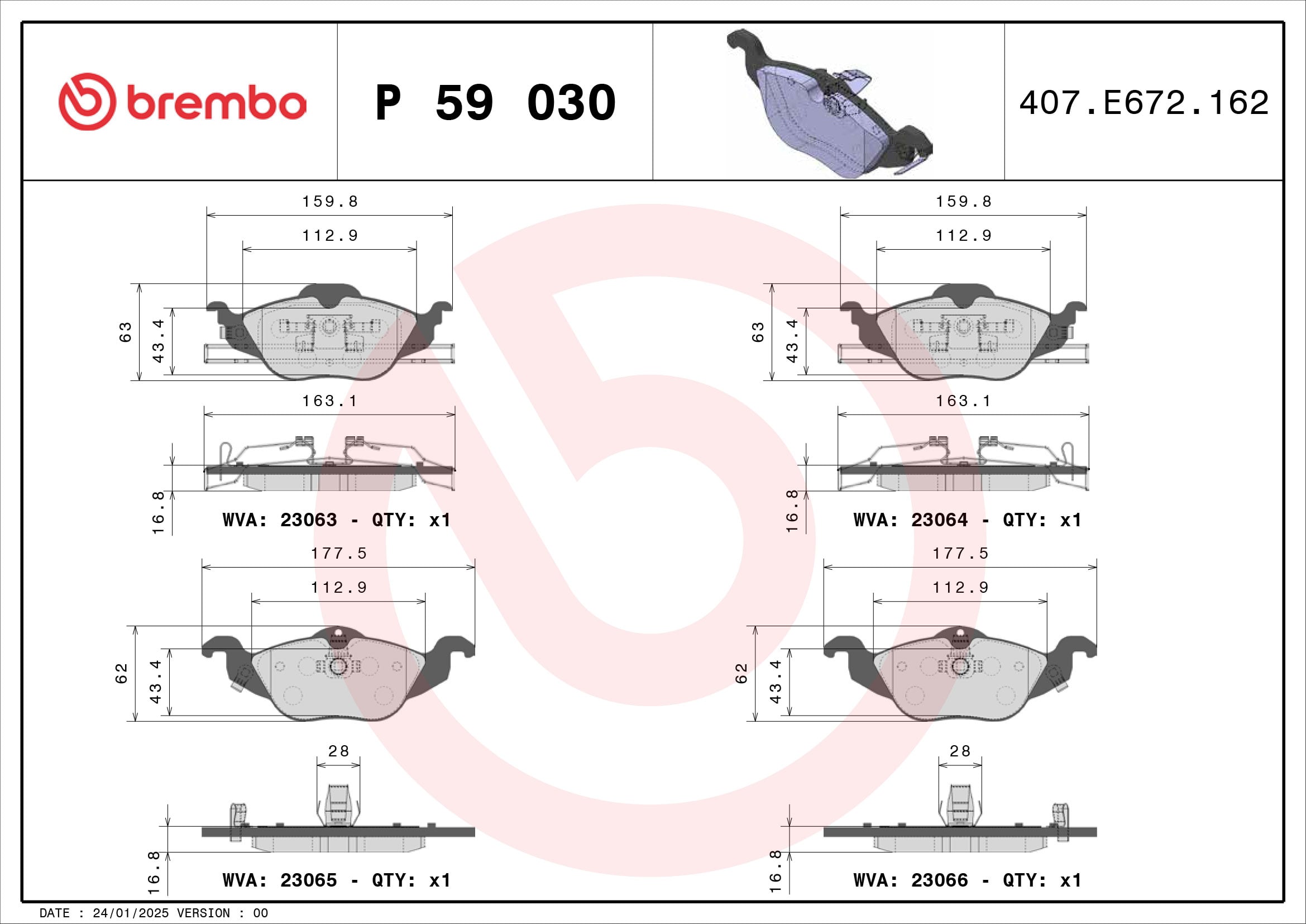 Jeu de 4 plaquettes de frein BREMBO ref. P 59 030