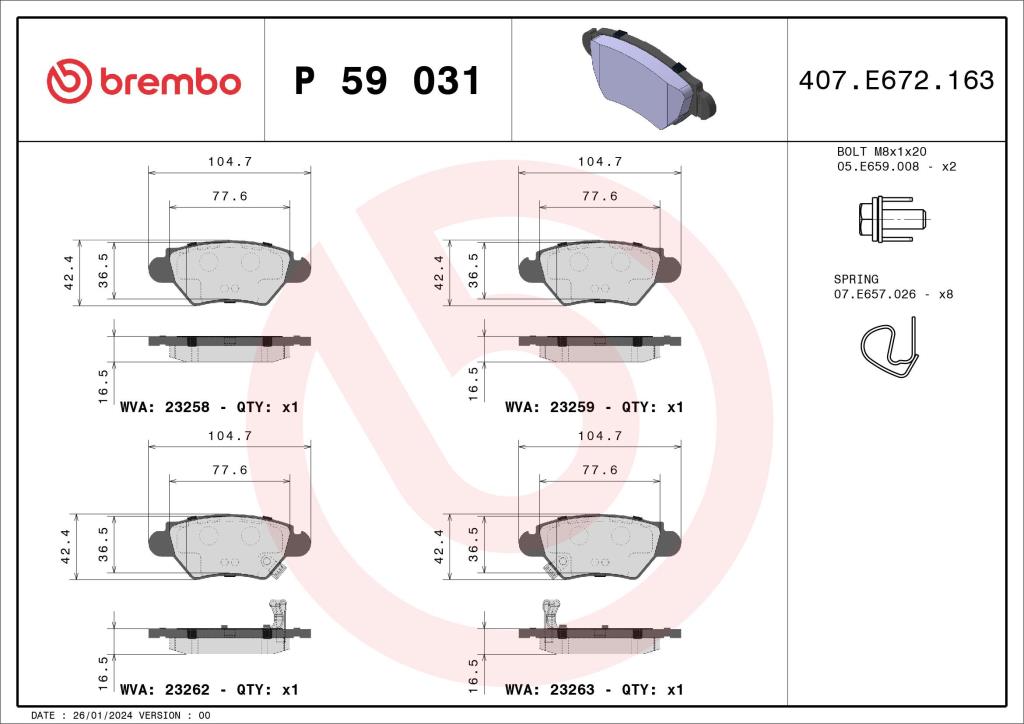 Jogo de 4 pastilhas de travão BREMBO ref. P 59 031