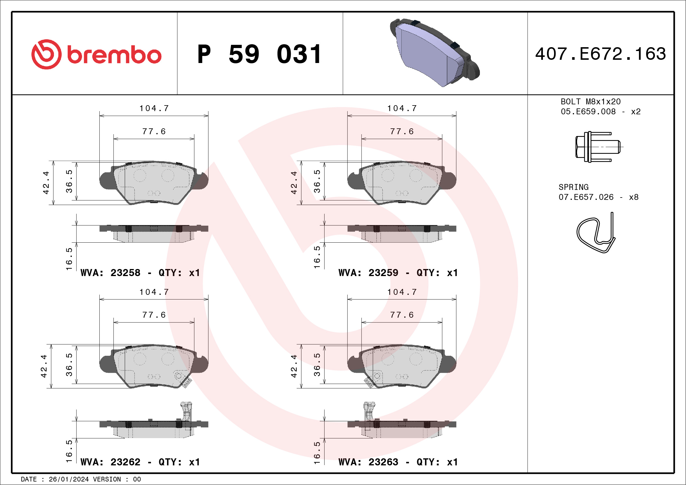 Jogo de 4 pastilhas de travão BREMBO ref. P 59 031