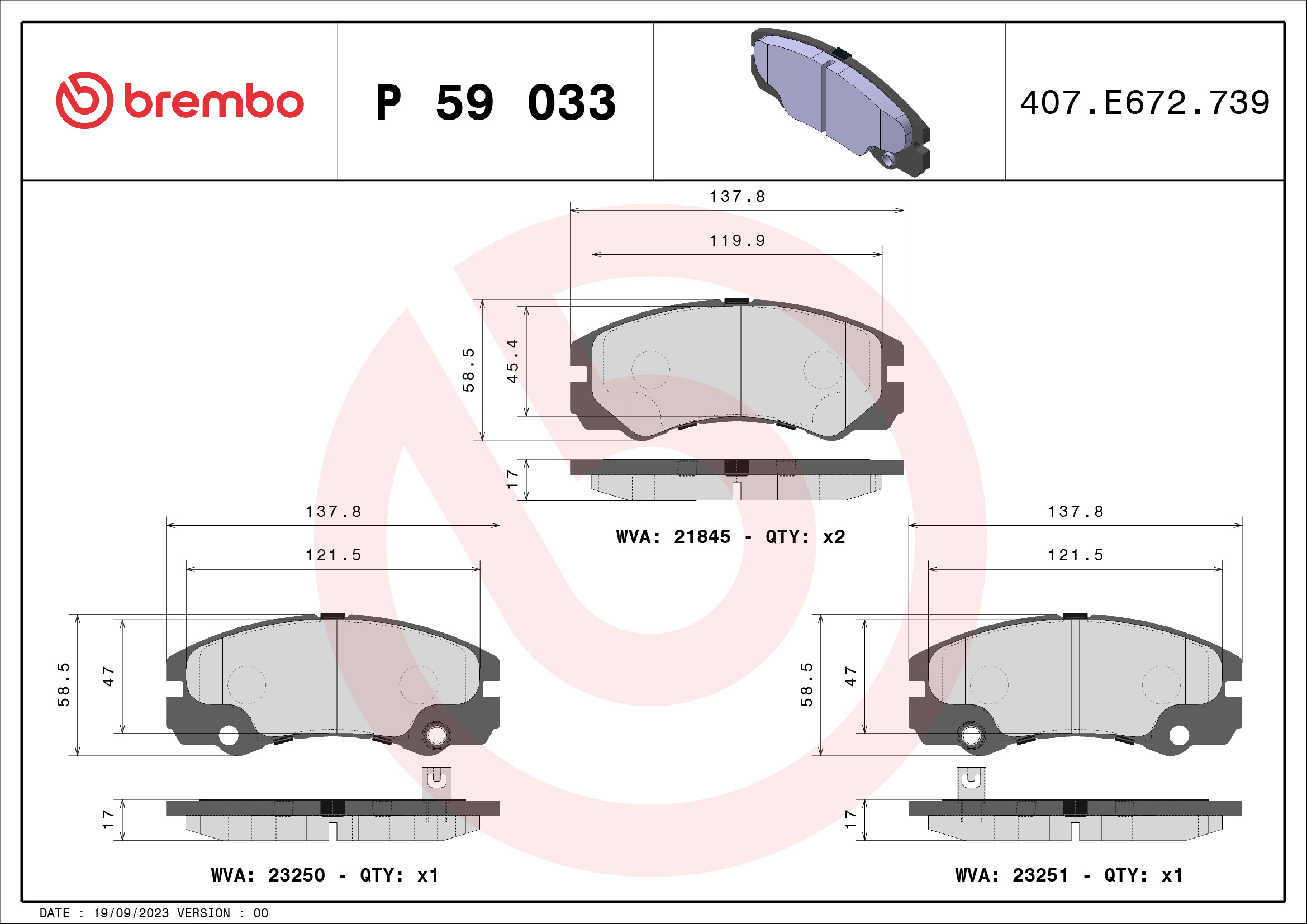 Jeu de 4 plaquettes de frein BREMBO ref. P 59 033