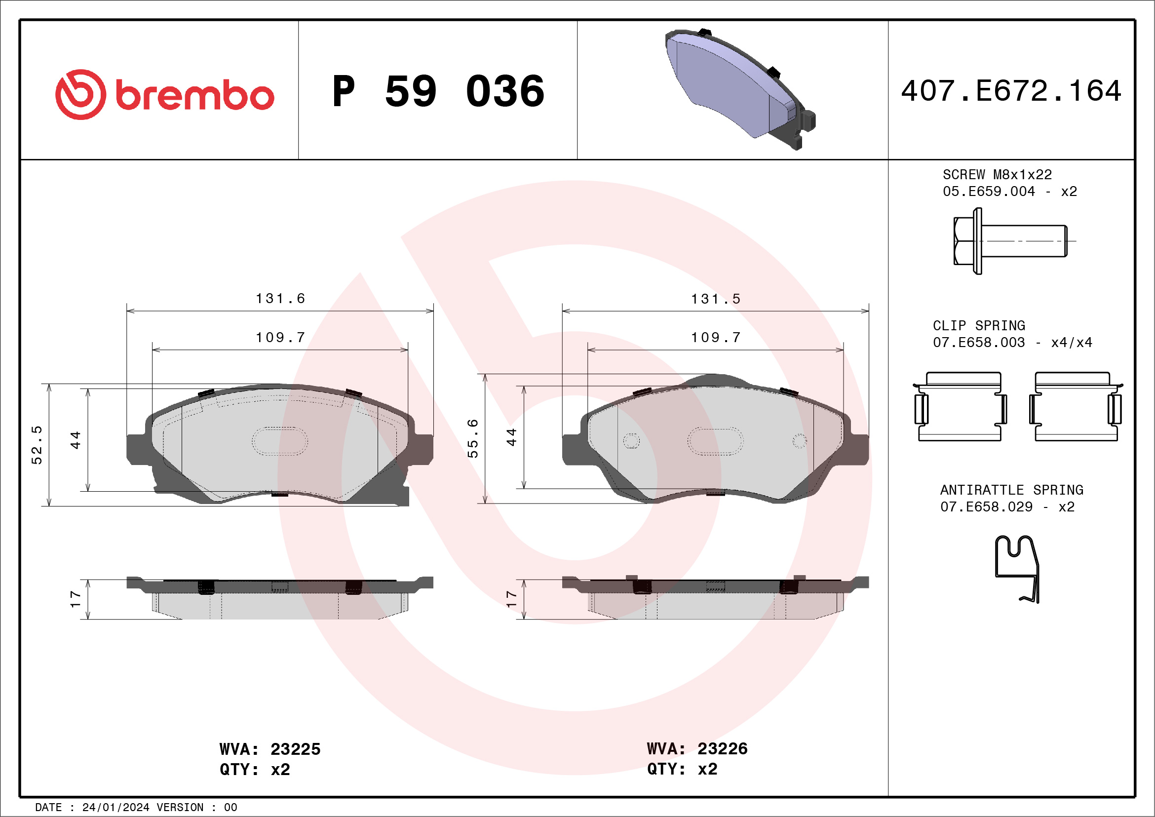 Jeu de 4 plaquettes de frein BREMBO ref. P 59 036
