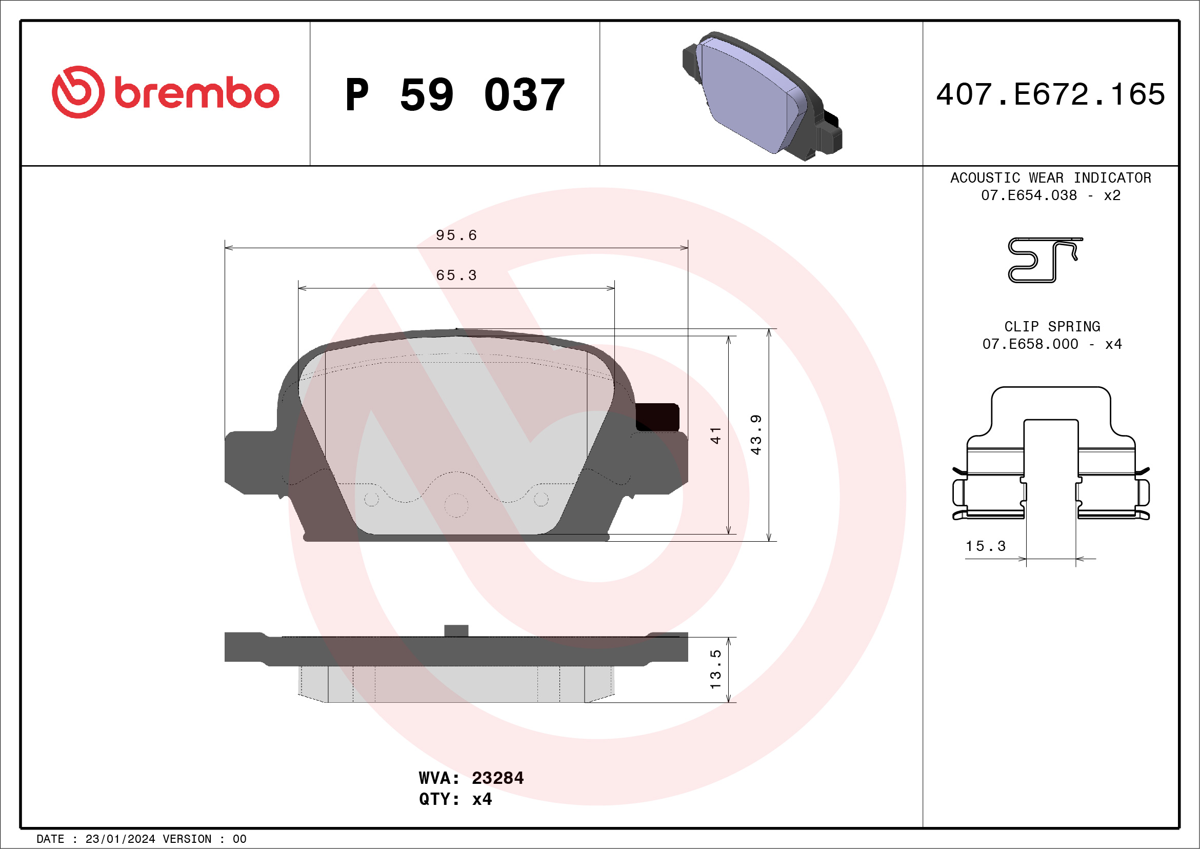 Jogo de 4 pastilhas de travão BREMBO ref. P 59 037
