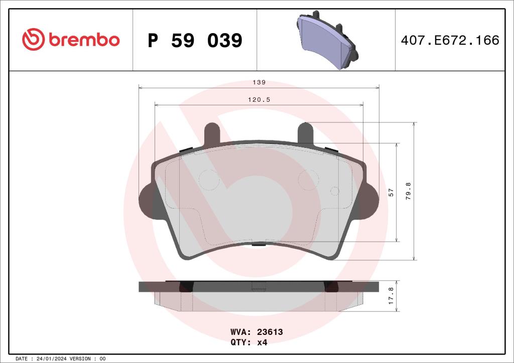 Jogo de 4 pastilhas de travão BREMBO ref. P 59 039