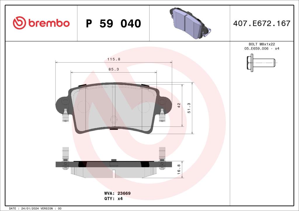 Jogo de 4 pastilhas de travão BREMBO ref. P 59 040