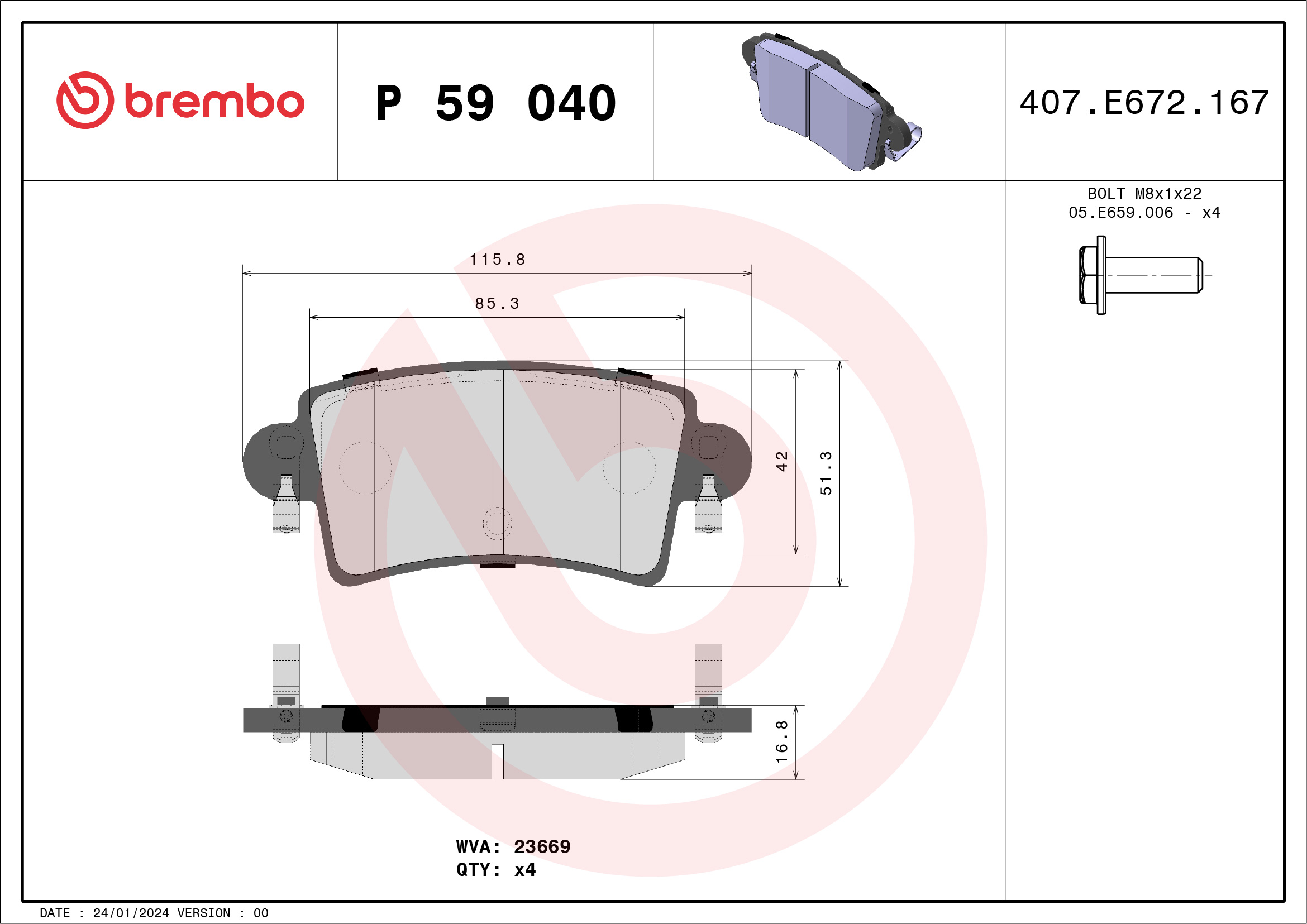 Jogo de 4 pastilhas de travão BREMBO ref. P 59 040