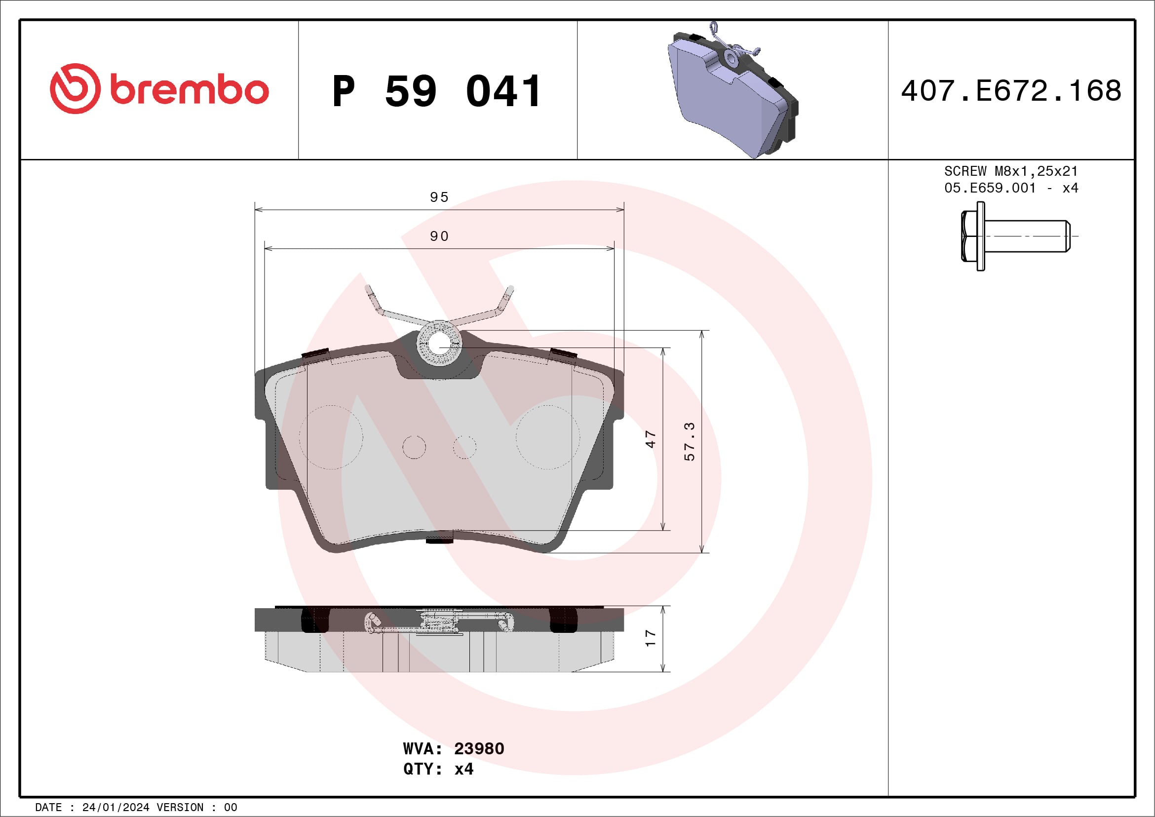 Jogo de 4 pastilhas de travão BREMBO ref. P 59 041