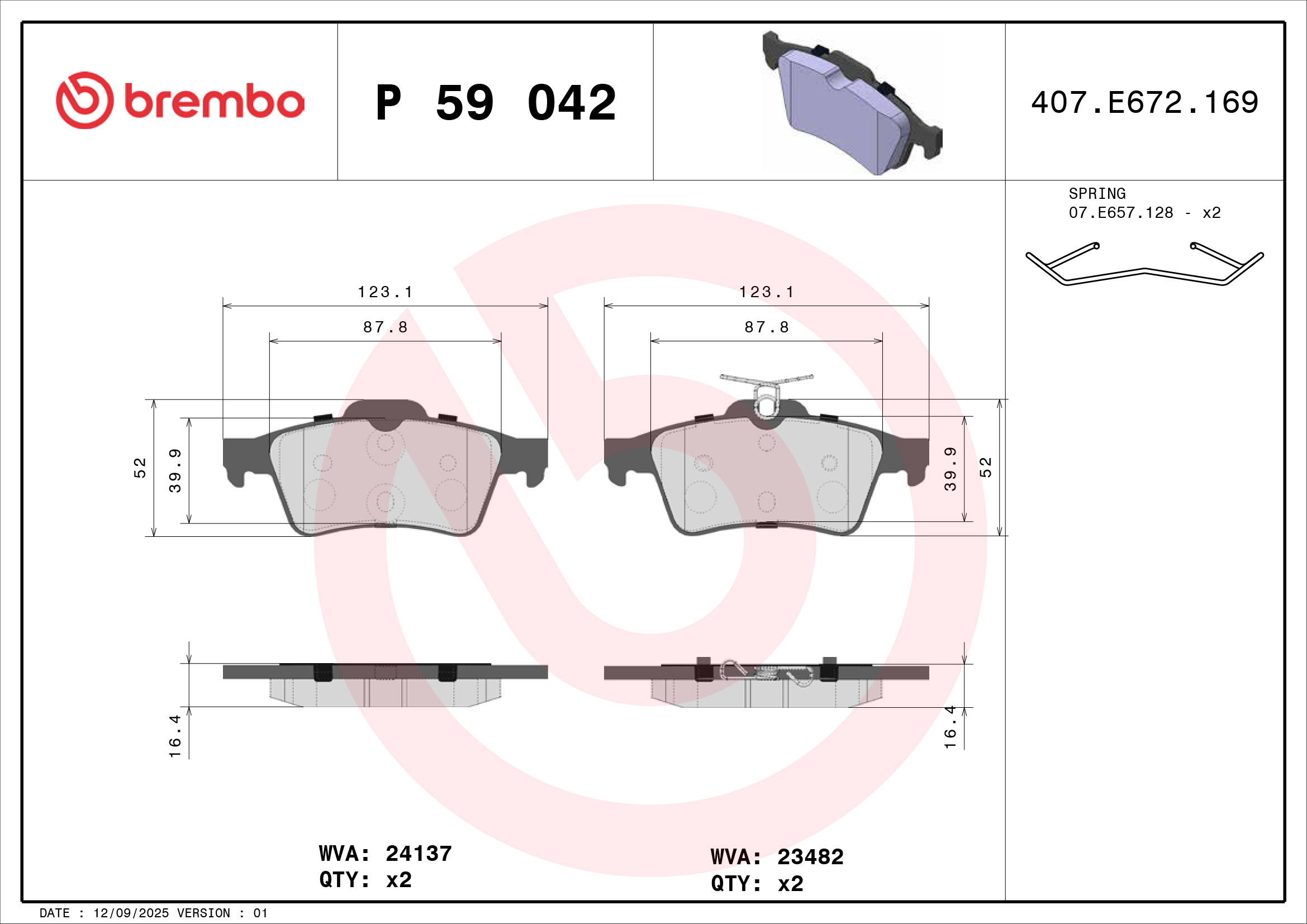 Jeu de 4 plaquettes de frein BREMBO ref. P 59 042