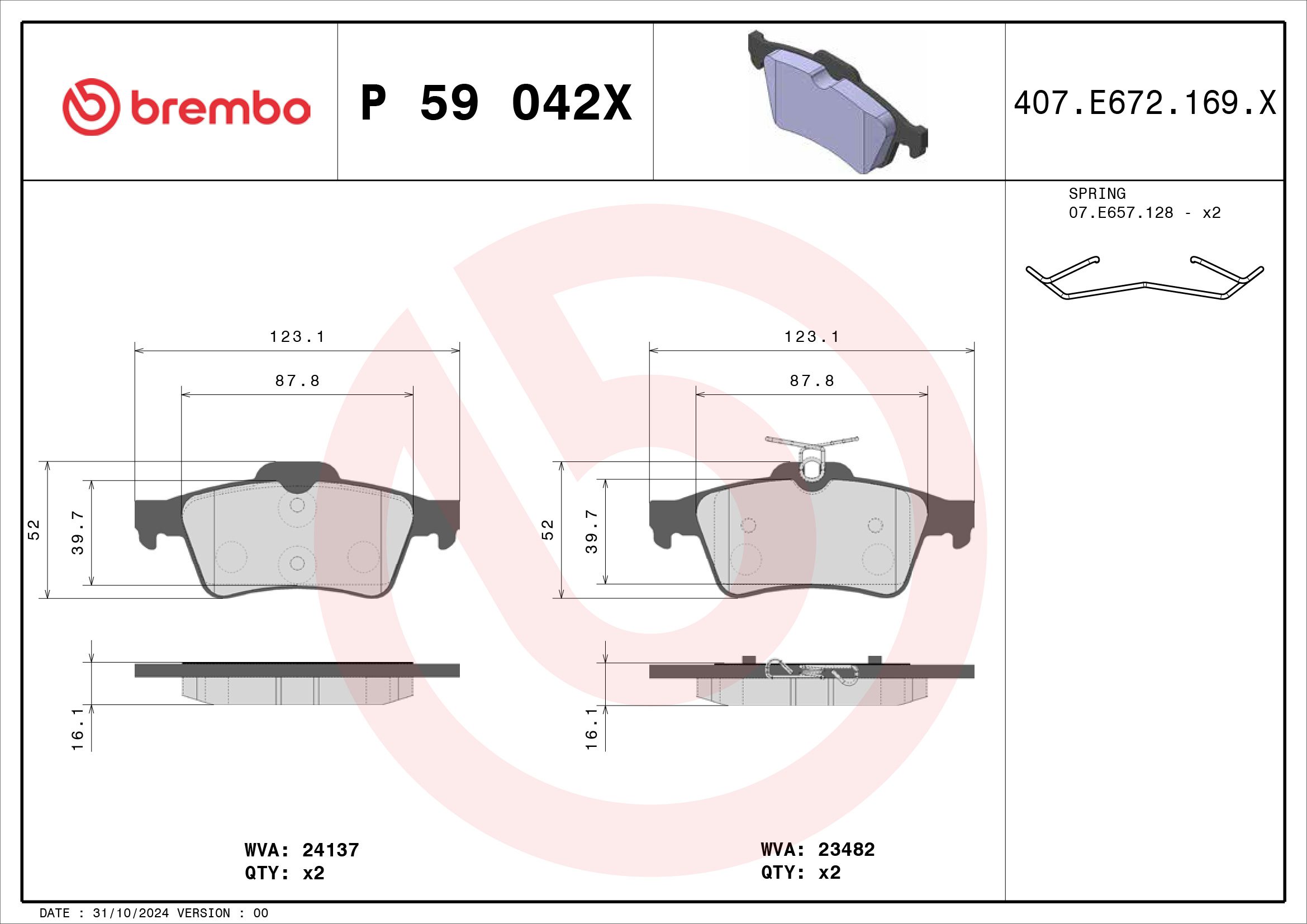 Jogo de 4 pastilhas de travão BREMBO ref. P 59 042X
