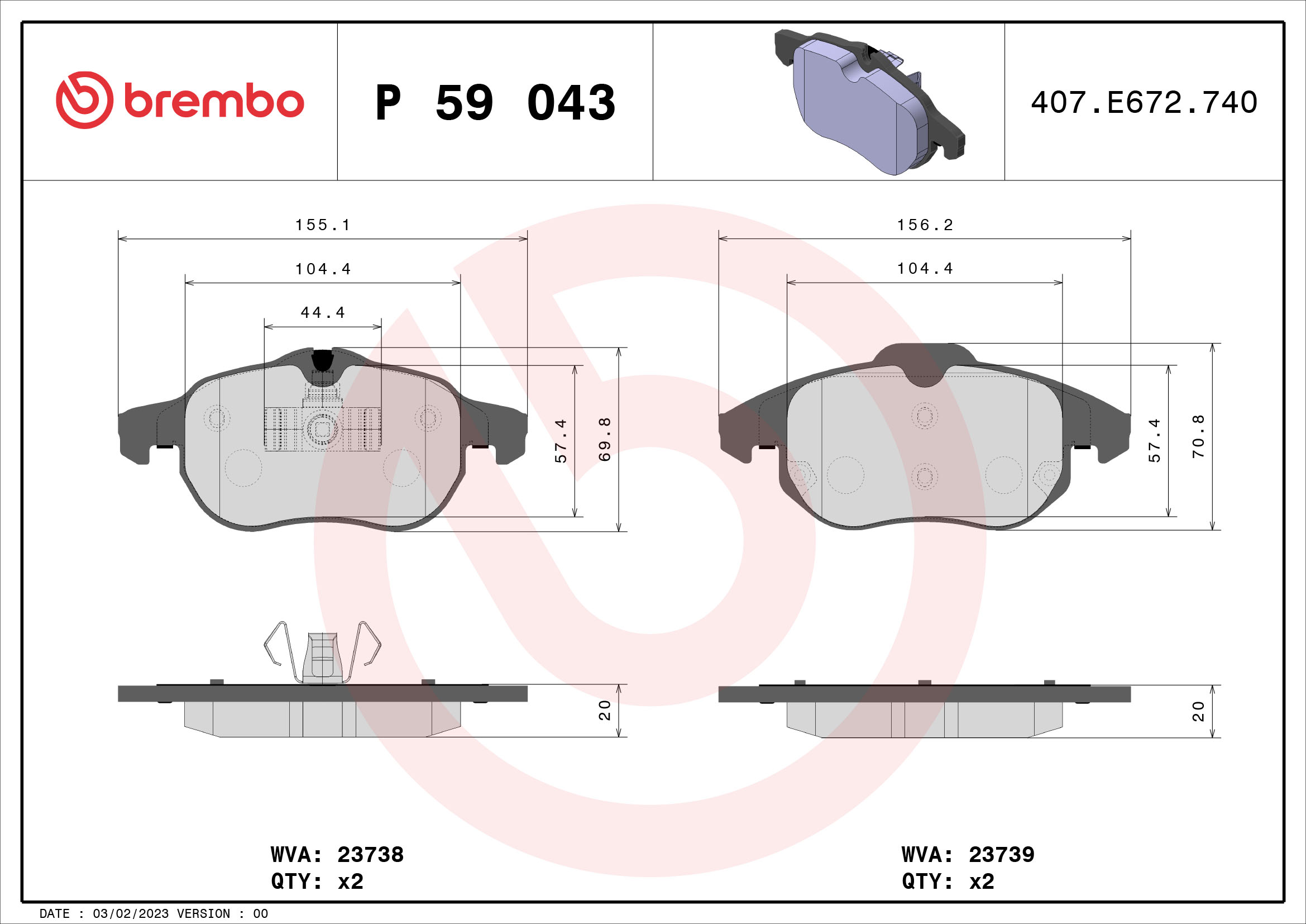 Jogo de 4 pastilhas de travão BREMBO ref. P 59 043