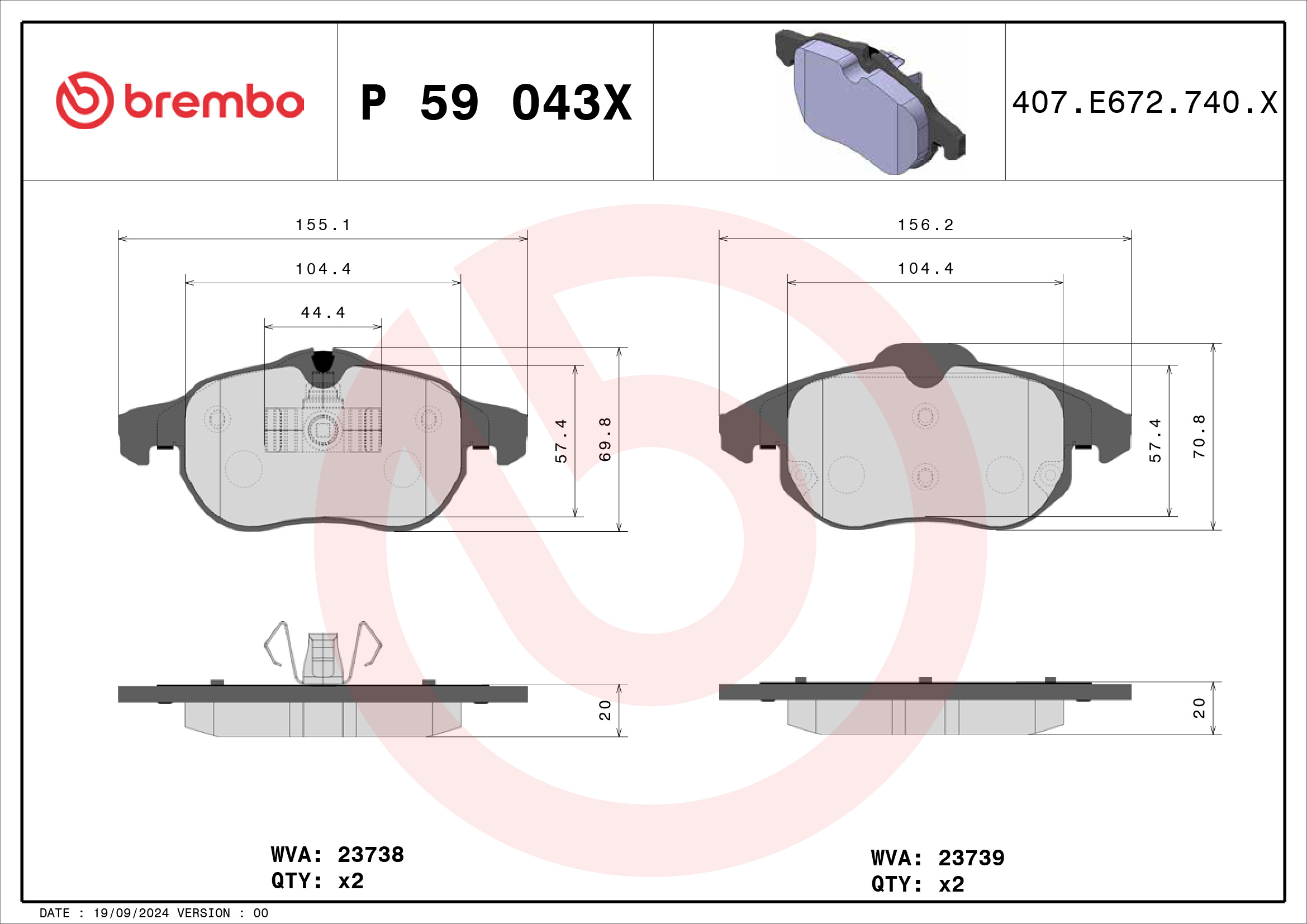 Jogo de 4 pastilhas de travão BREMBO ref. P 59 043X