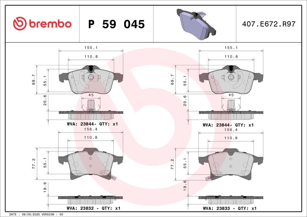 Jogo de 4 pastilhas de travão BREMBO ref. P 59 045X