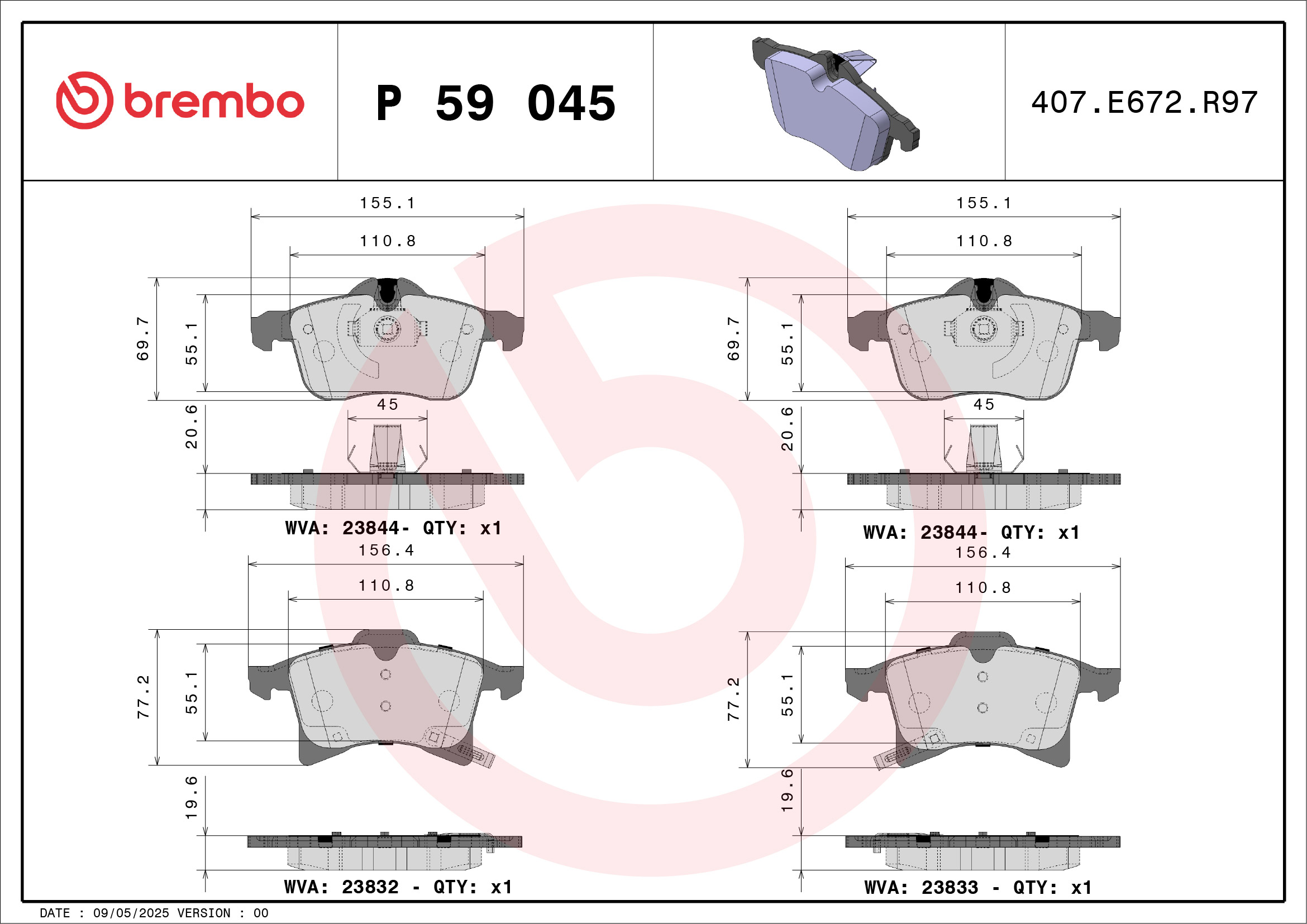 Jogo de 4 pastilhas de travão BREMBO ref. P 59 045