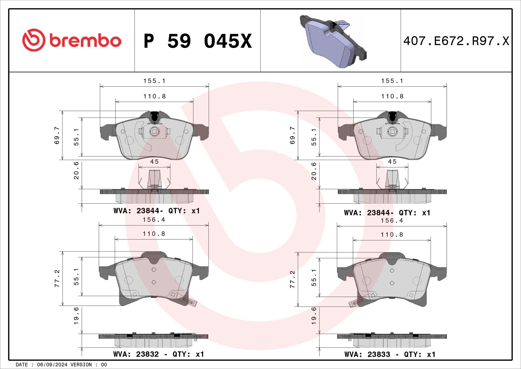 Jogo de 4 pastilhas de travão BREMBO ref. P 59 045X