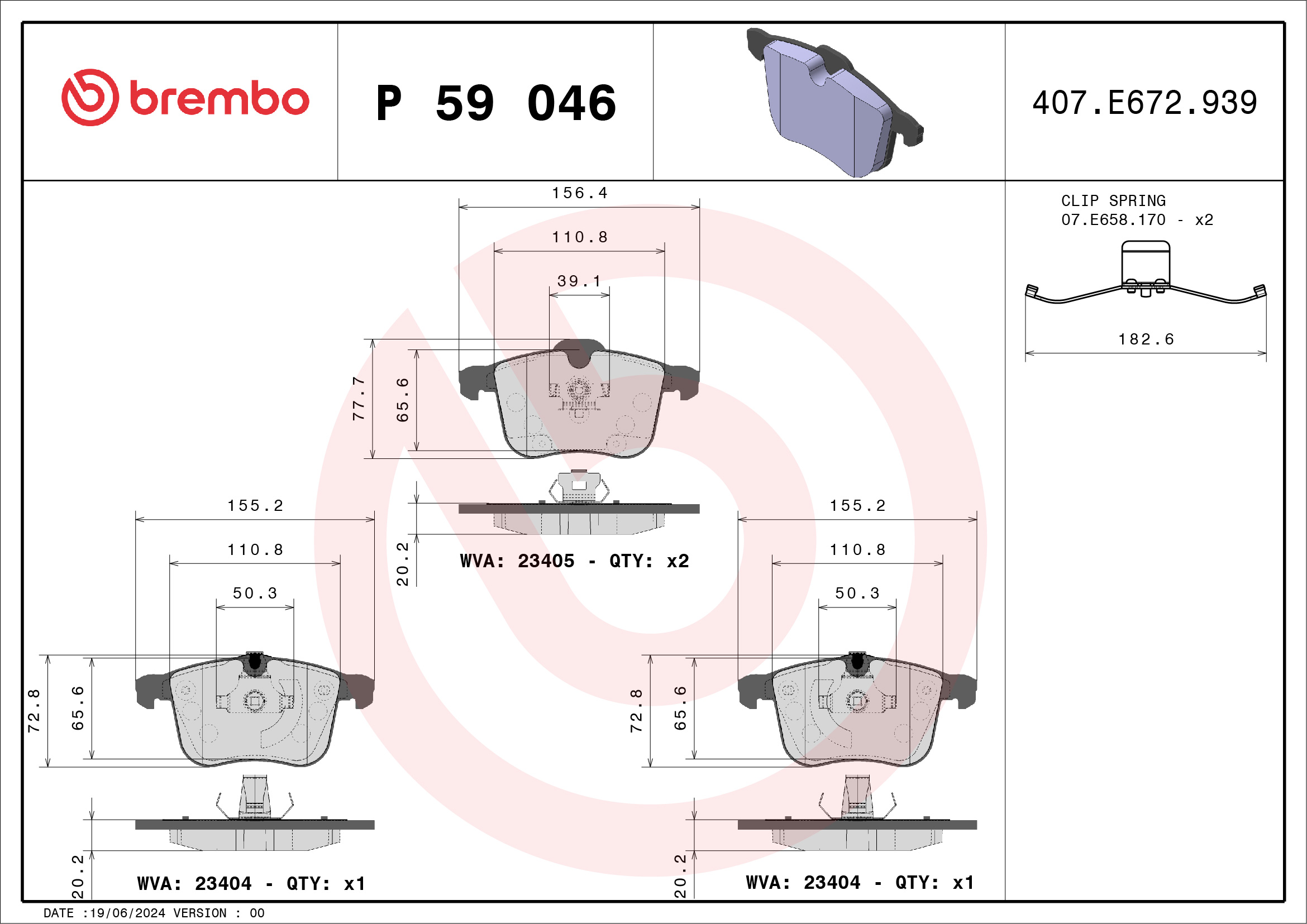 Jogo de 4 pastilhas de travão BREMBO ref. P 59 046